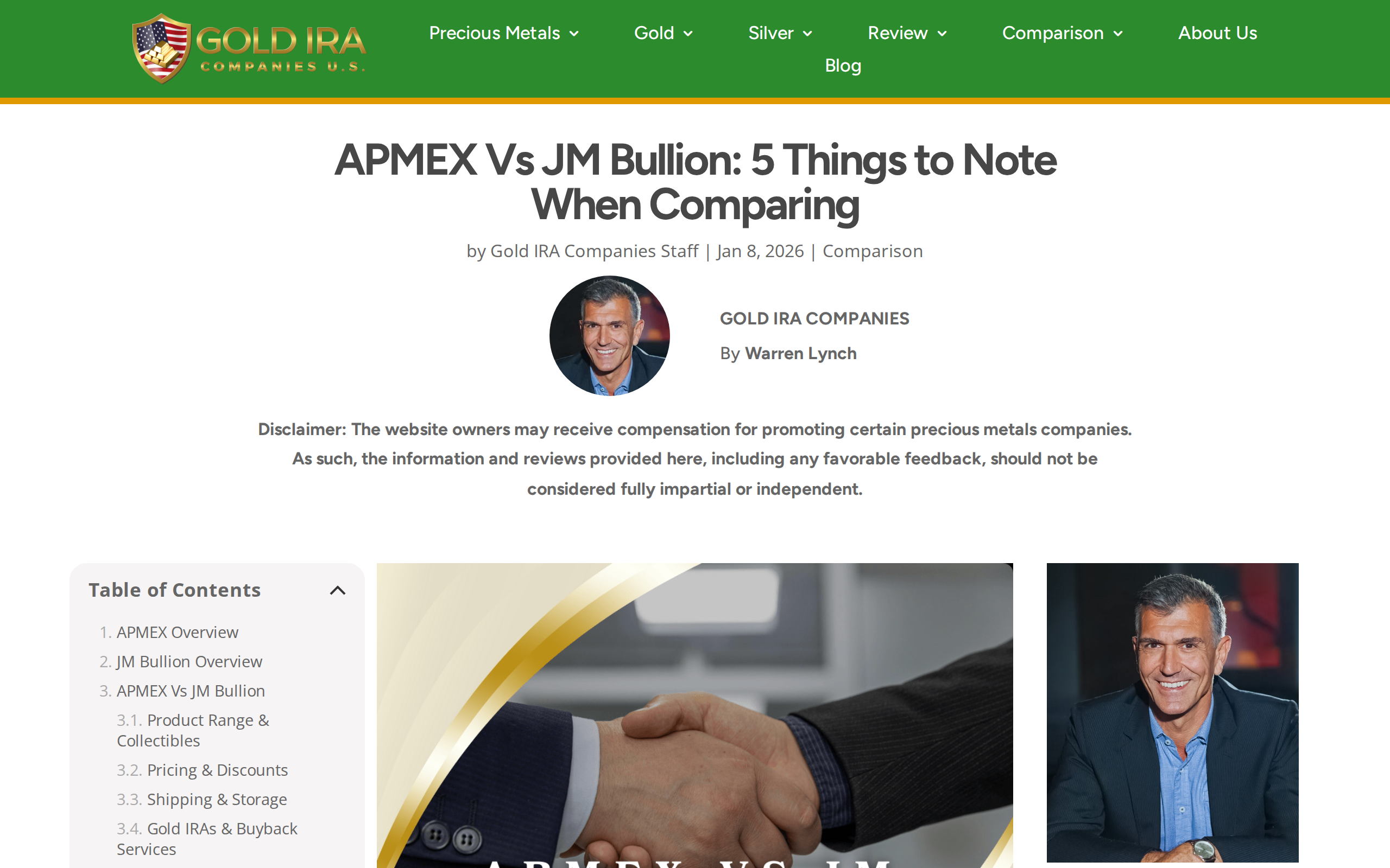 Gold IRA Companies' APMEX versus JM Bullion page, with a disclaimer that site owners may be compensated