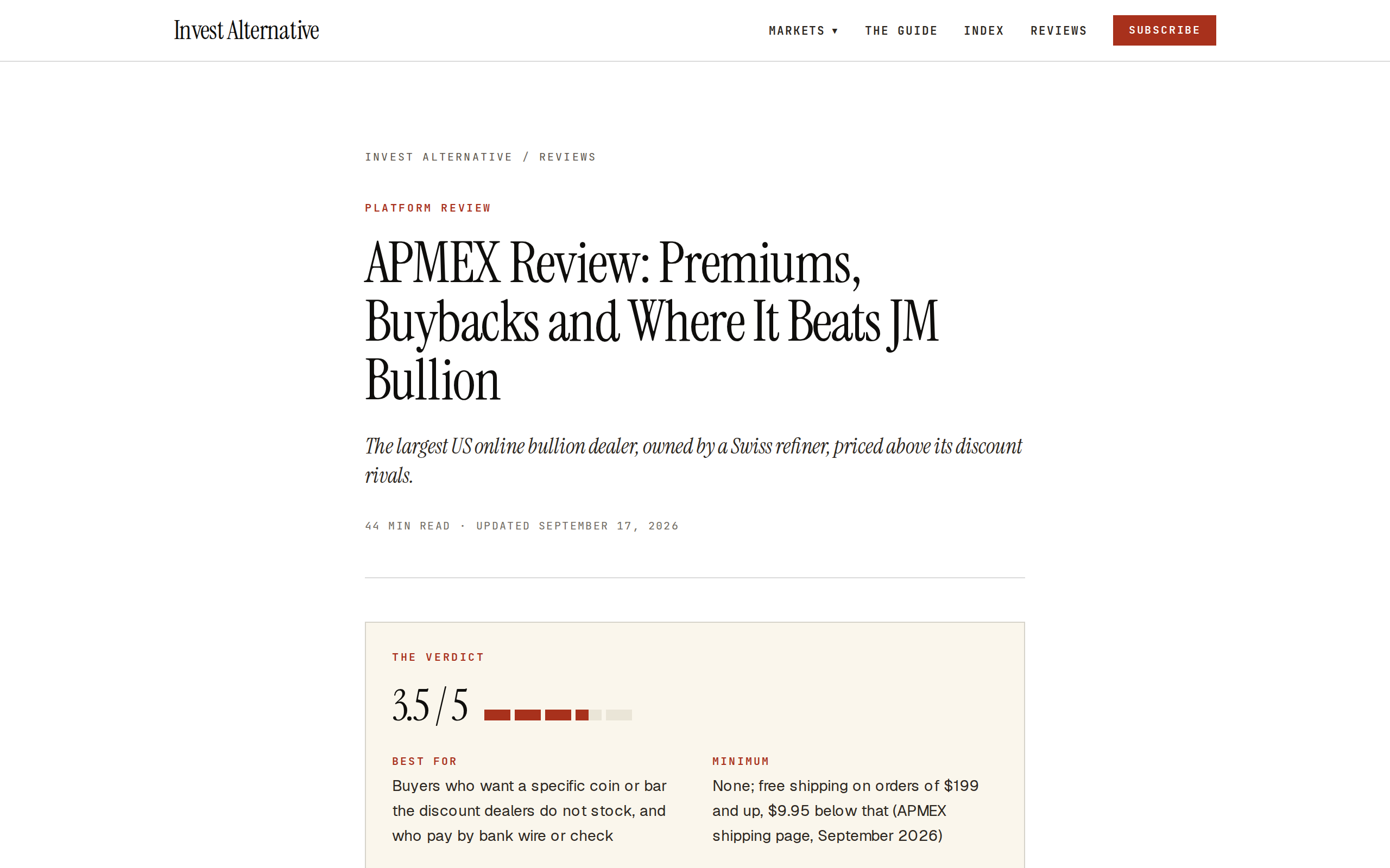 InvestAlternative's APMEX review page headed 'APMEX Review: Premiums, Buybacks and Where It Beats JM Bullion'