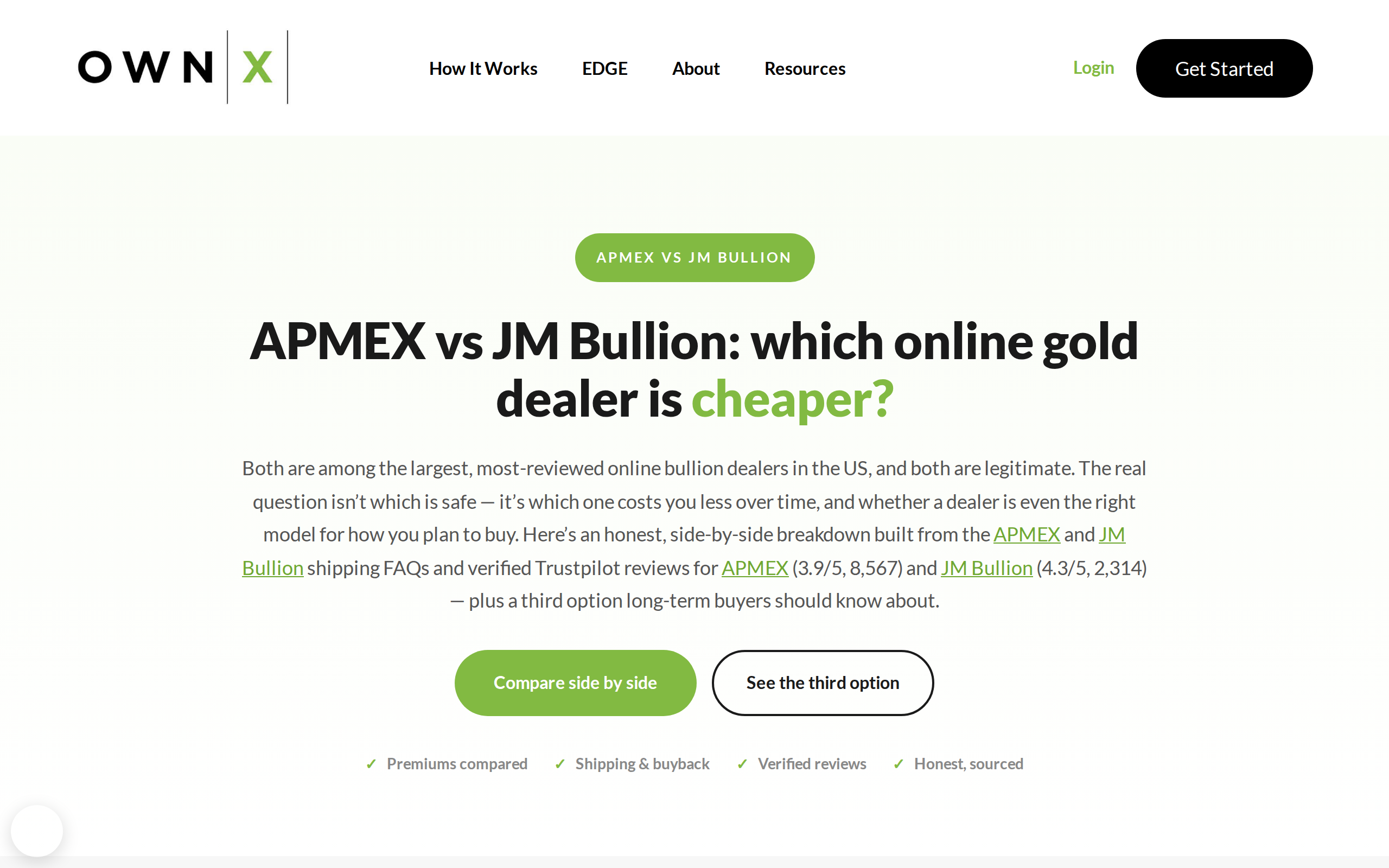 OWNx's APMEX versus JM Bullion comparison page asking which dealer is cheaper