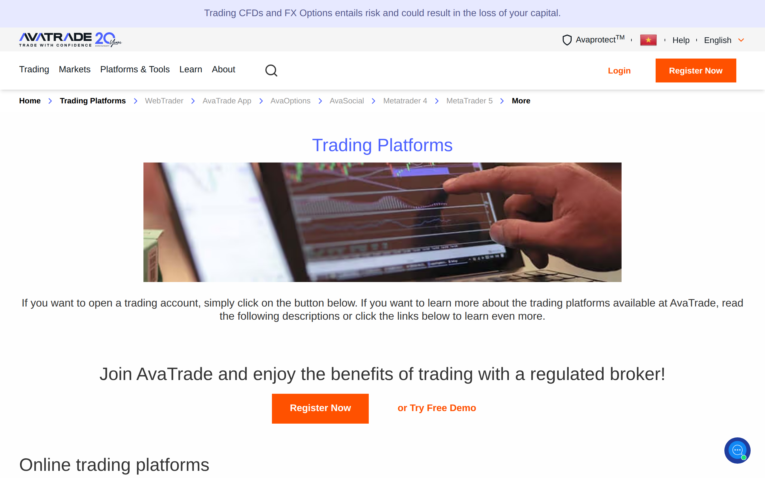 AvaTrade trading platforms page introducing online trading platforms for a regulated broker