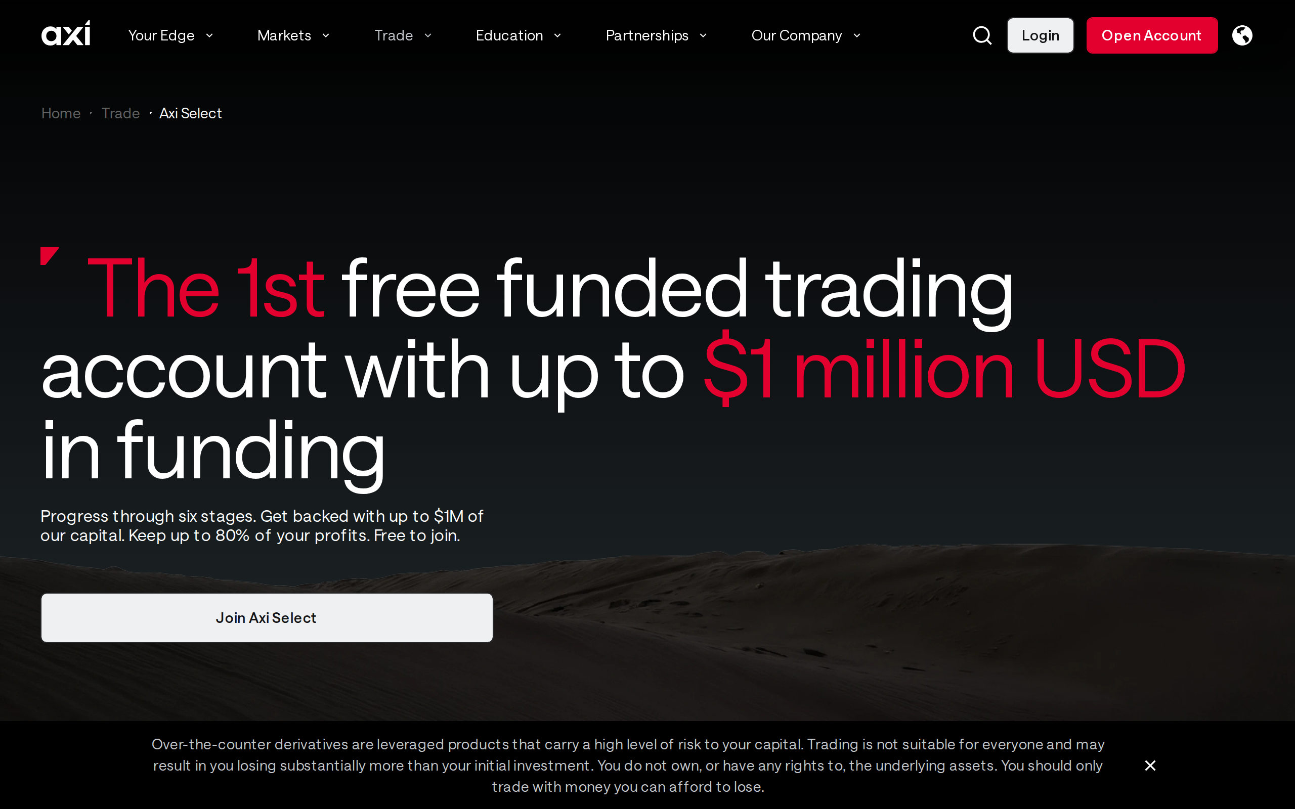 Axi Select page: the first free funded trading account with up to $1 million in funding