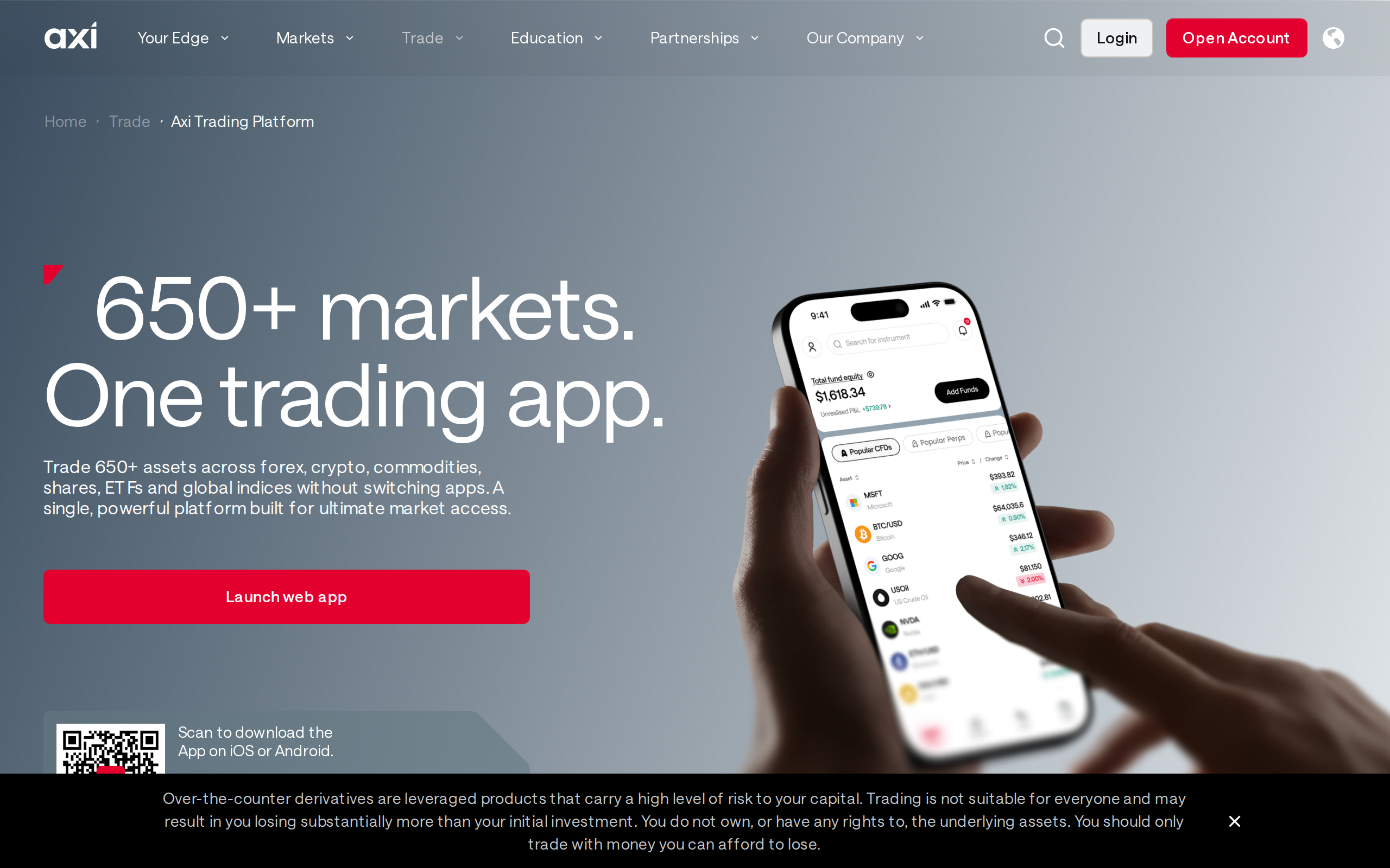 Axi trading platform page headed 650+ markets, one trading app