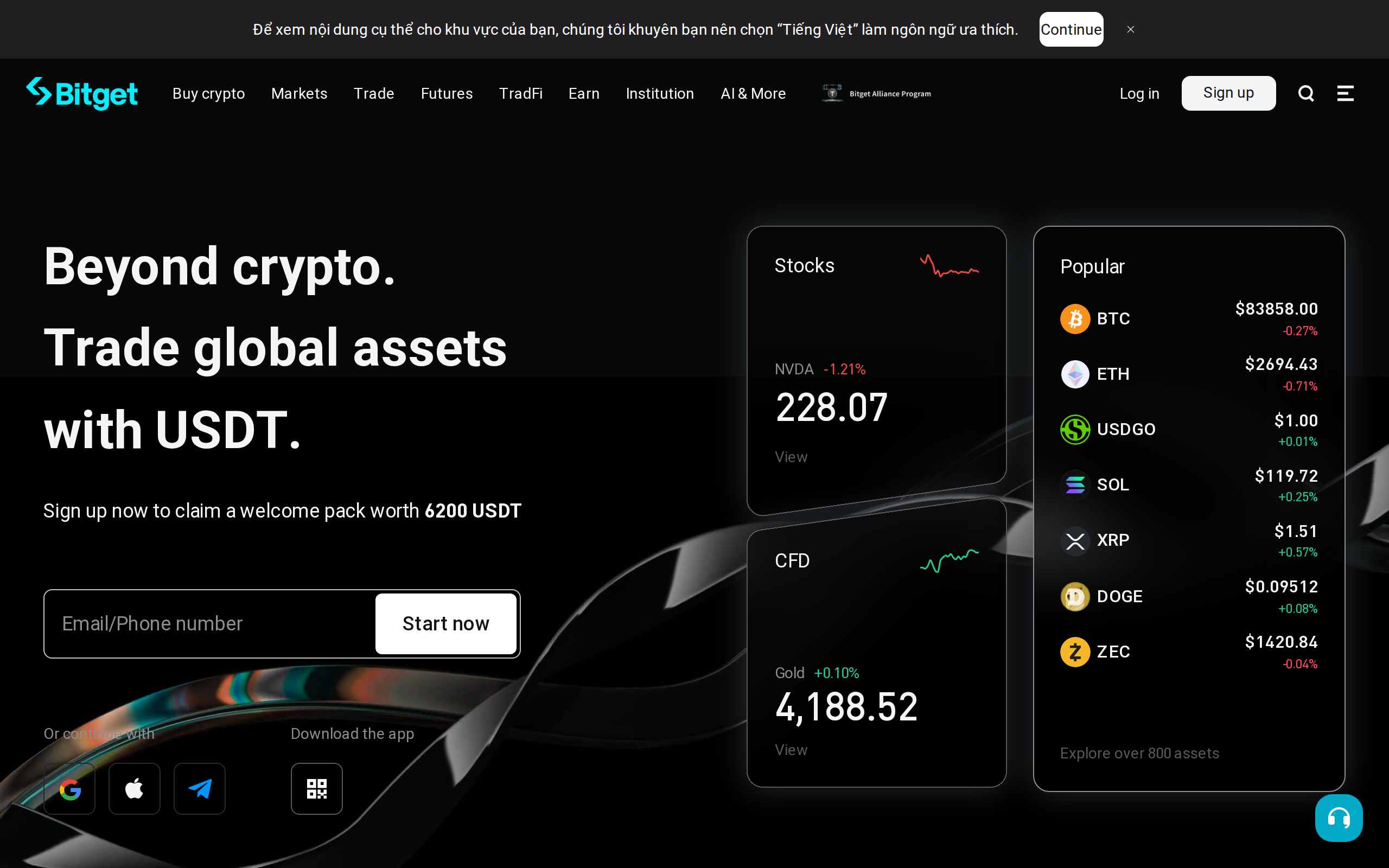 Bitget home page with the headline about trading global assets with USDT and live coin prices