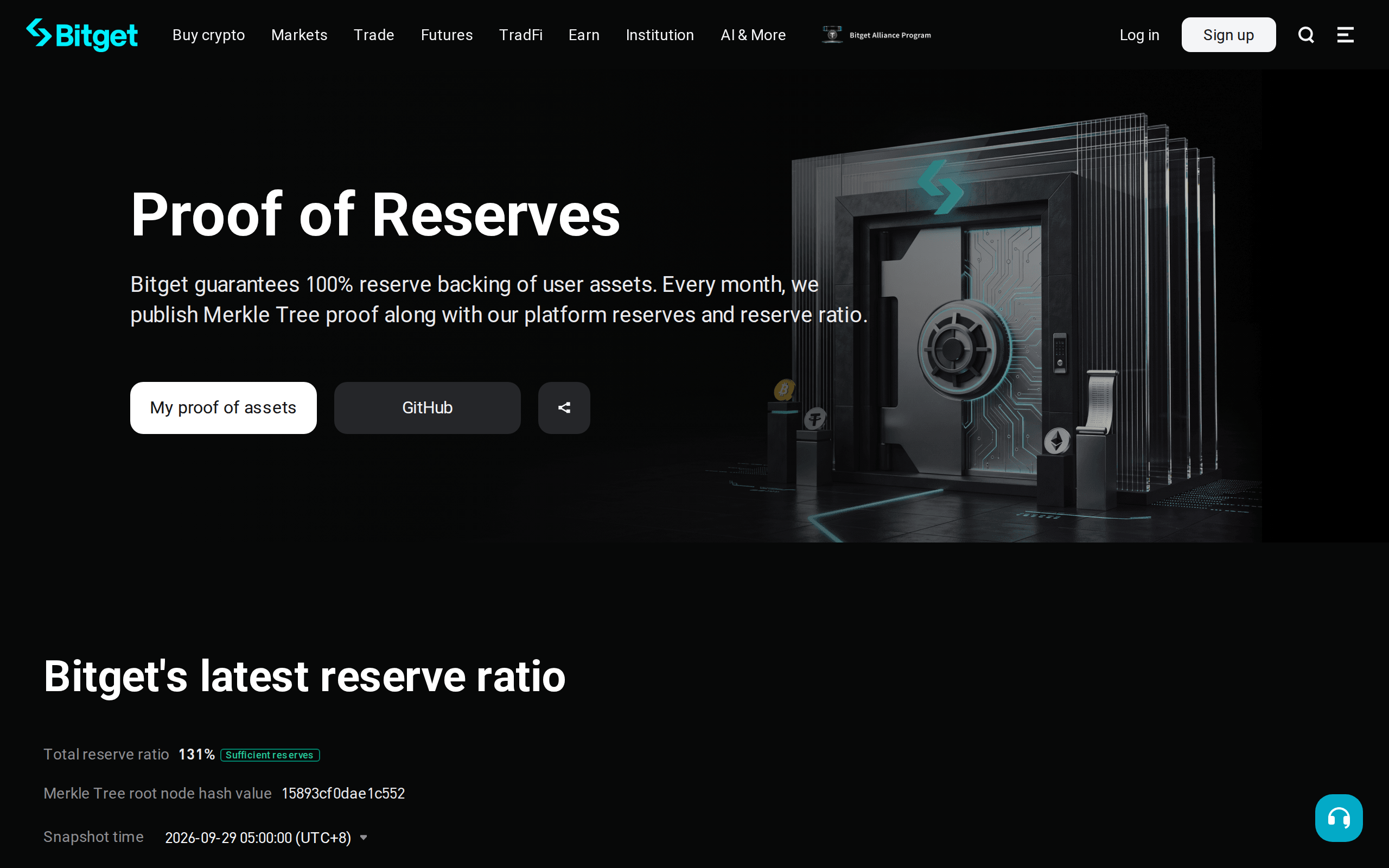 Bitget Proof of Reserves page with the reserve vault graphic and the Merkle tree root hash