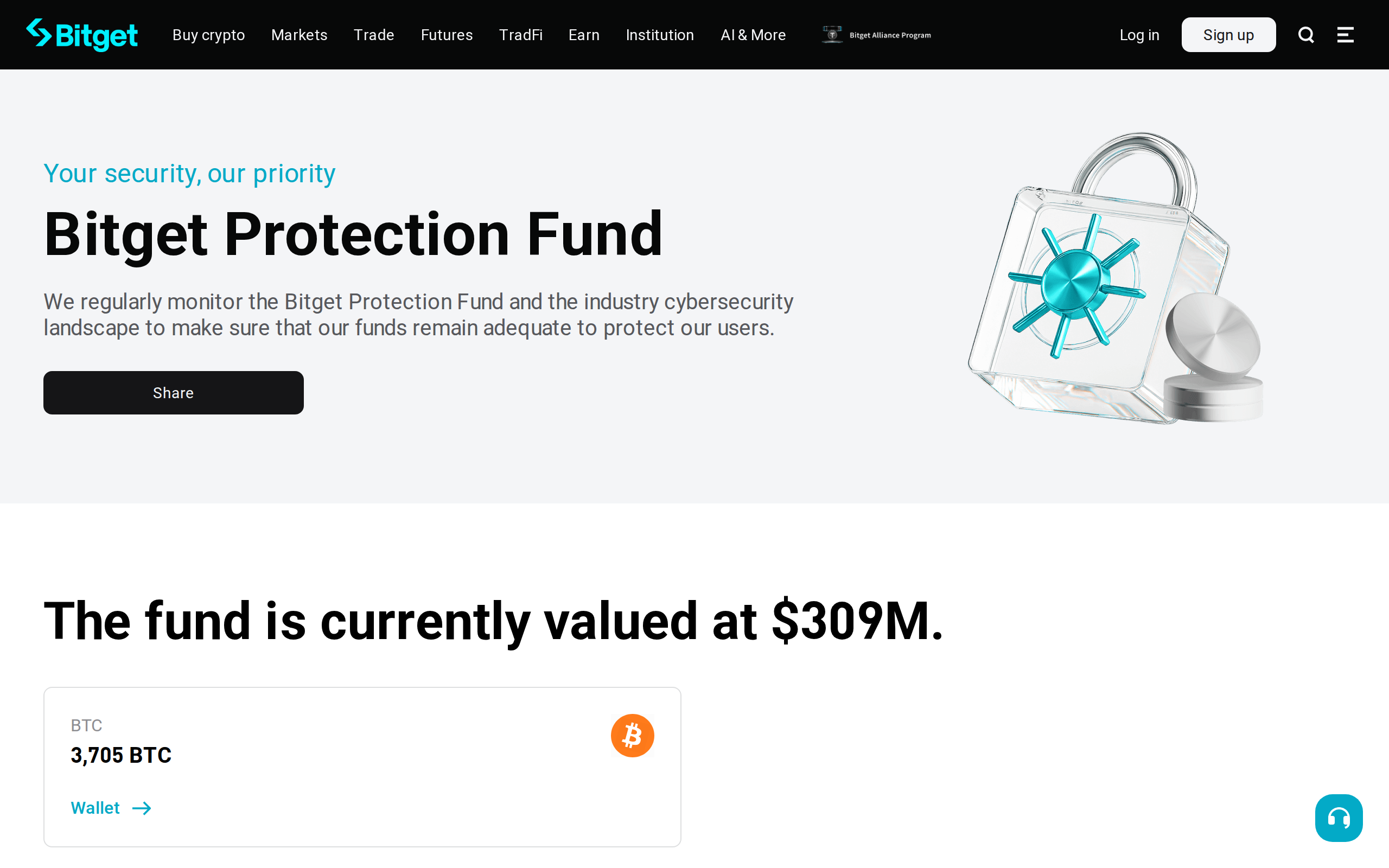 Bitget Protection Fund page showing the $309 million valuation
