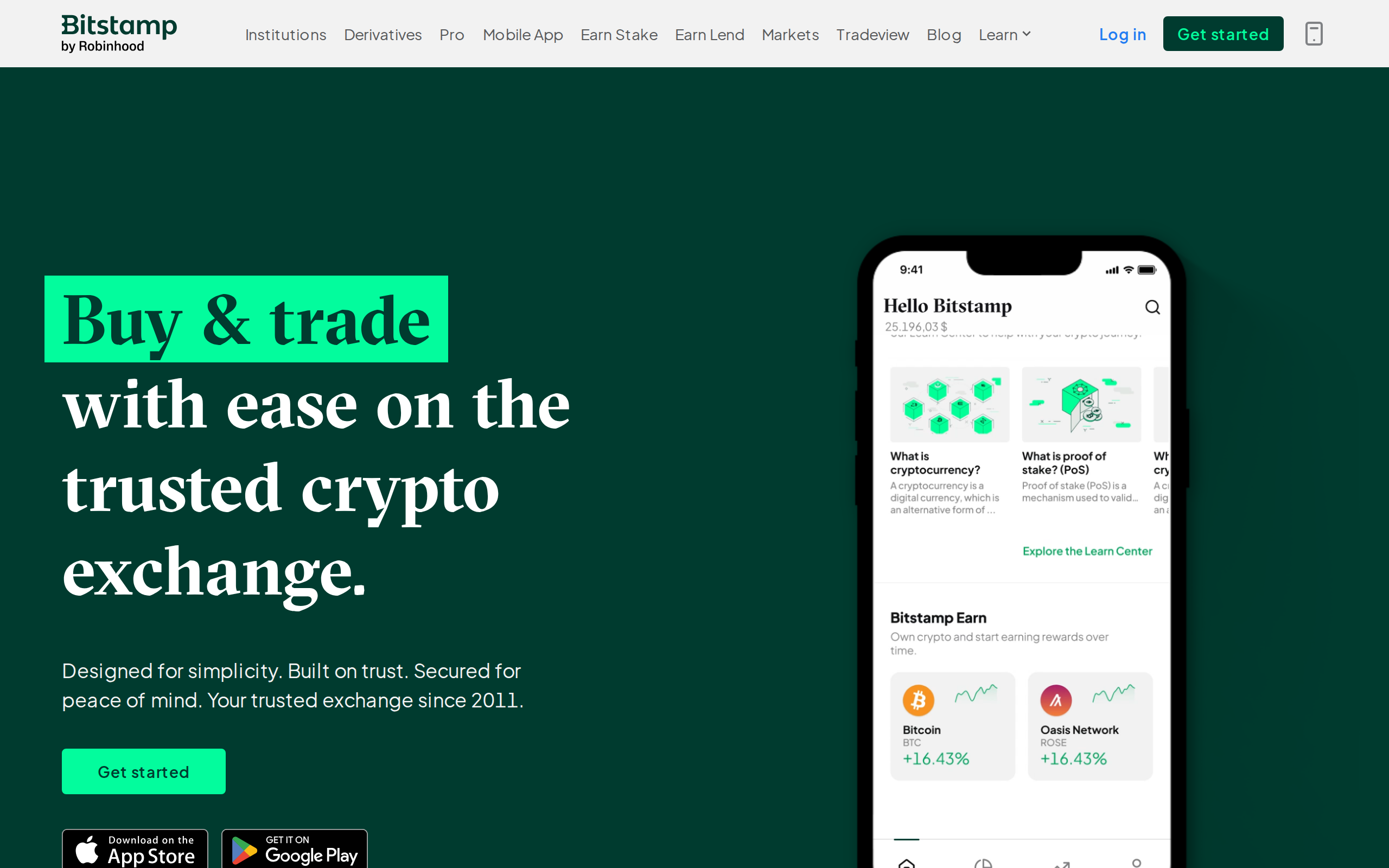 Bitstamp home page headline: Buy and trade with ease on the trusted crypto exchange