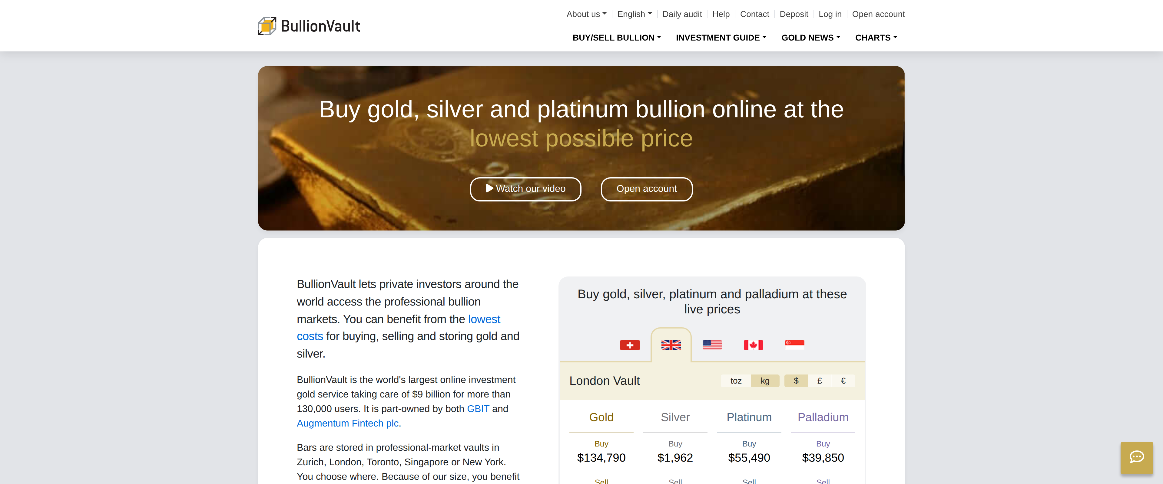 BullionVault homepage headline about buying gold, silver and platinum bullion online at the lowest possible price, with live prices
