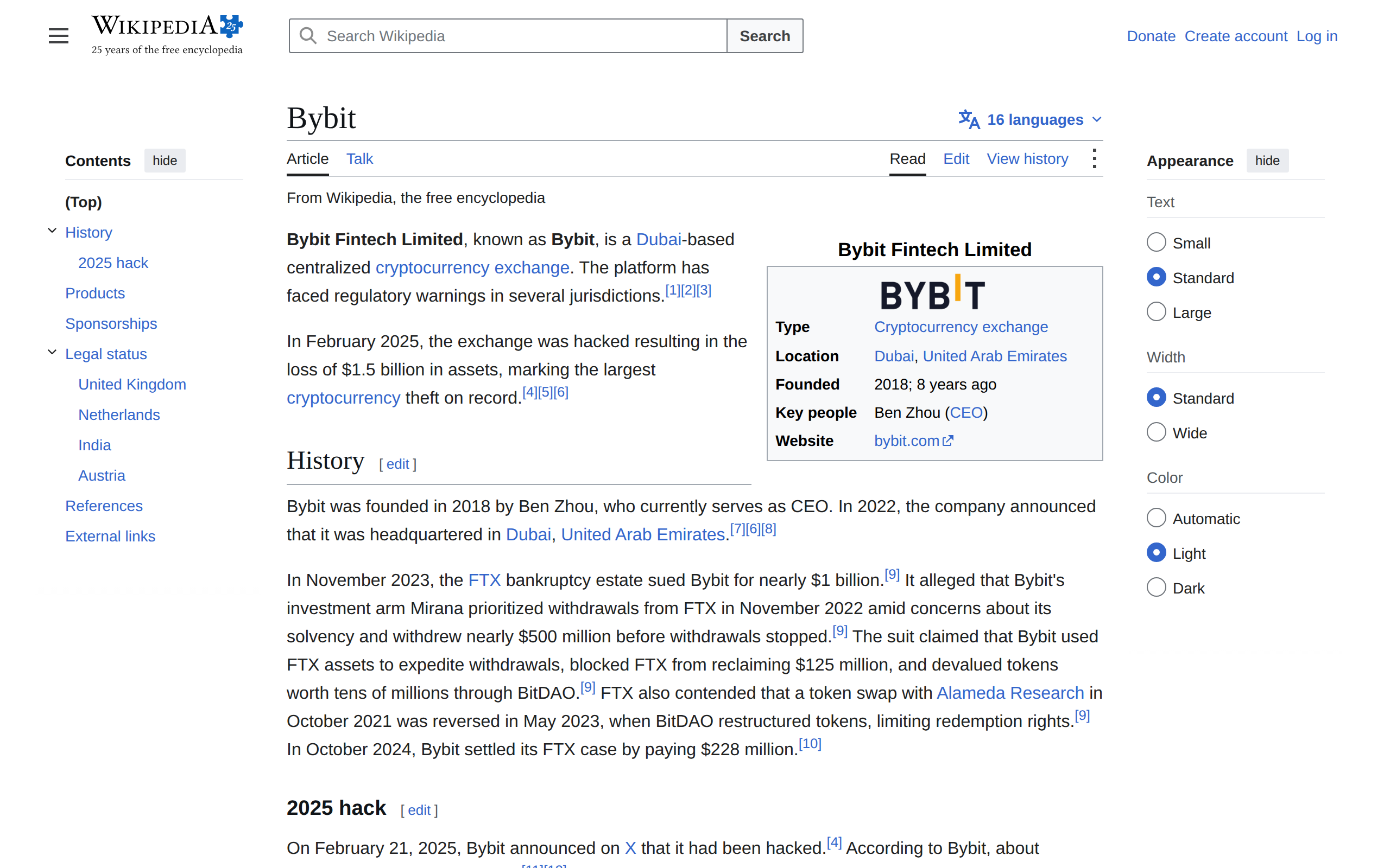 Wikipedia article on Bybit with a contents list including History, the 2025 hack and legal status by country