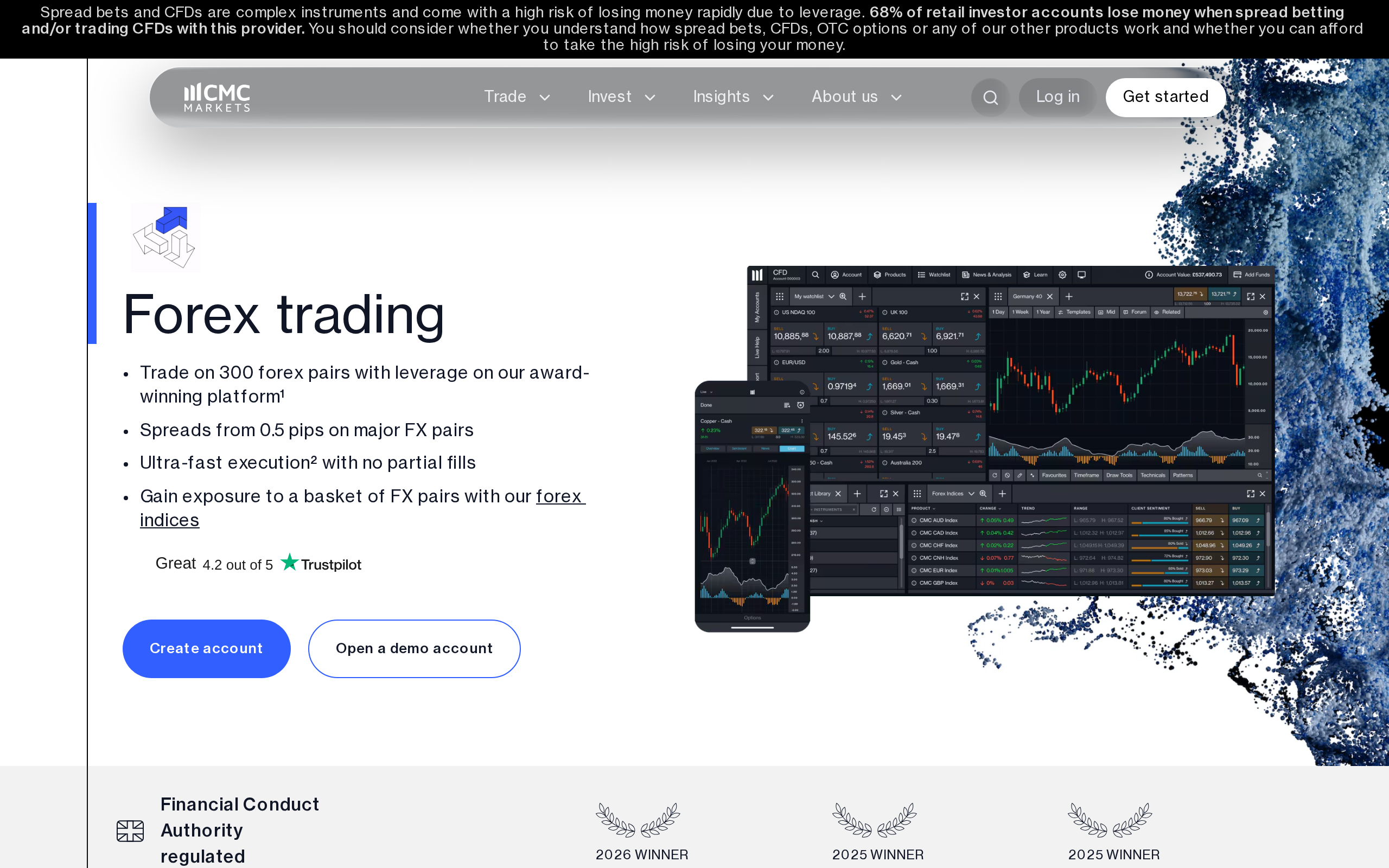 CMC Markets forex page with the headline Forex trading, 300 forex pairs and spreads from 0.5 pips