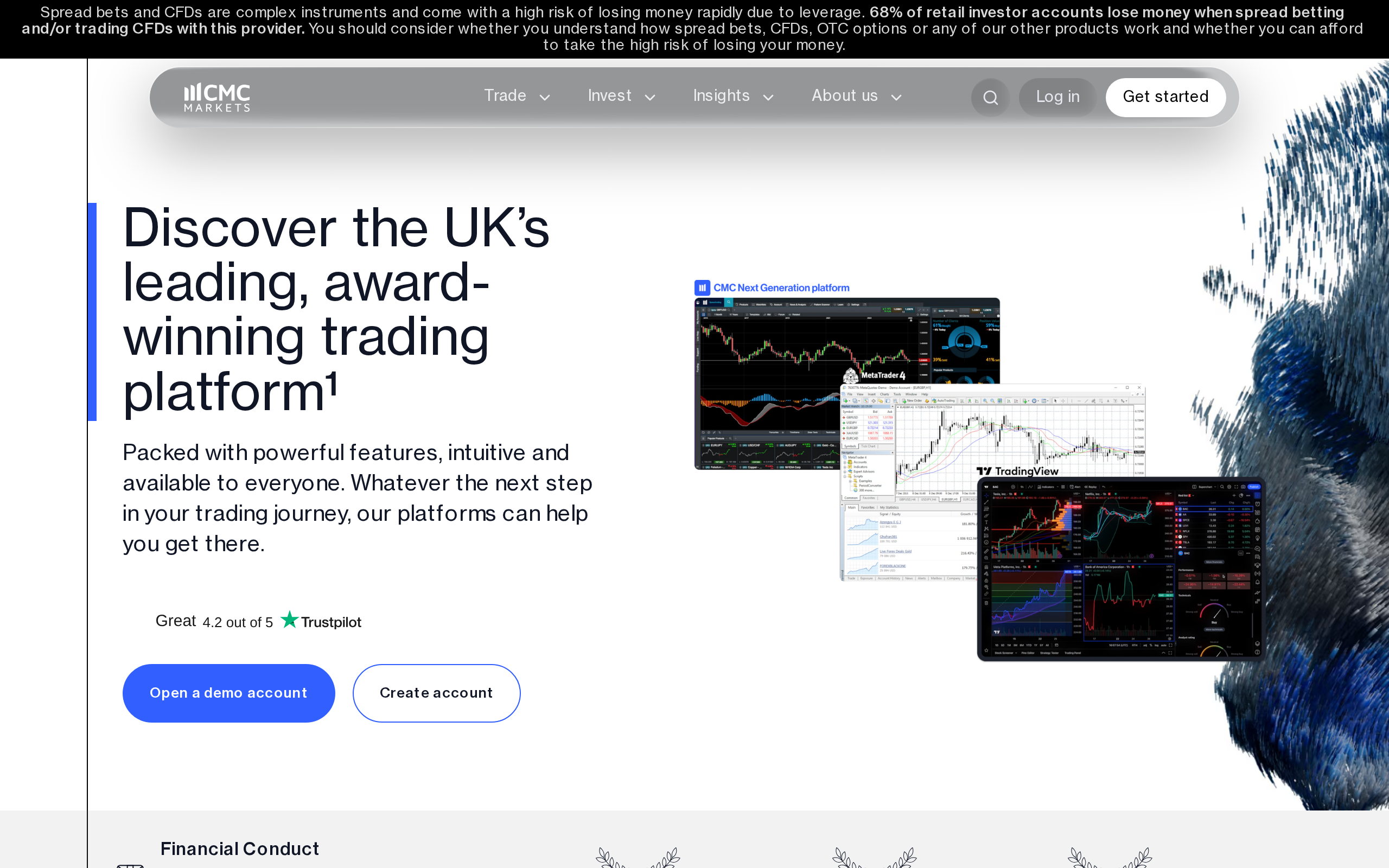 CMC Markets platforms page with the headline Discover the UK's leading, award-winning trading platform and two device screenshots