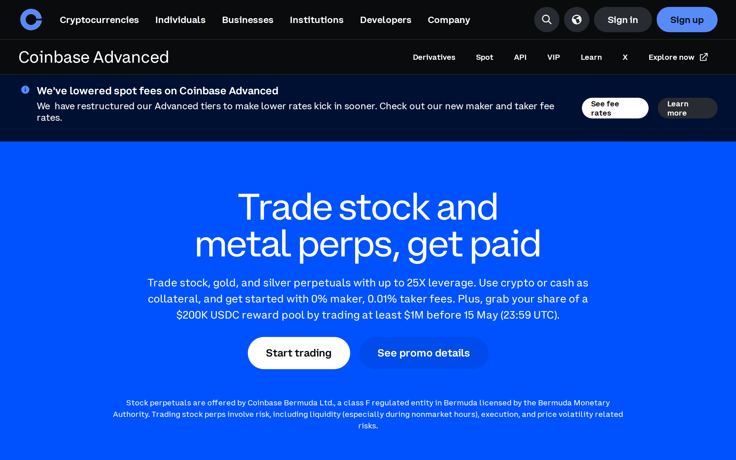 Coinbase Advanced Trade page announcing lowered spot fees and restructured tiers