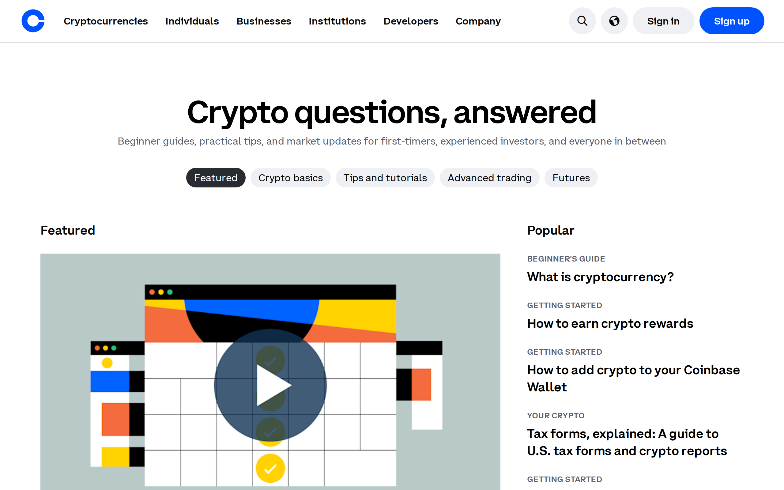 Coinbase Learn page with the heading Crypto questions, answered