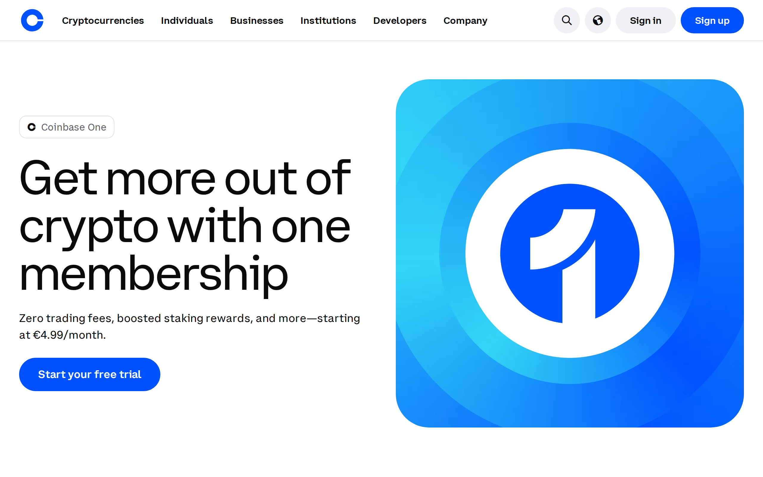 Coinbase One page with the heading Get more out of crypto with one membership