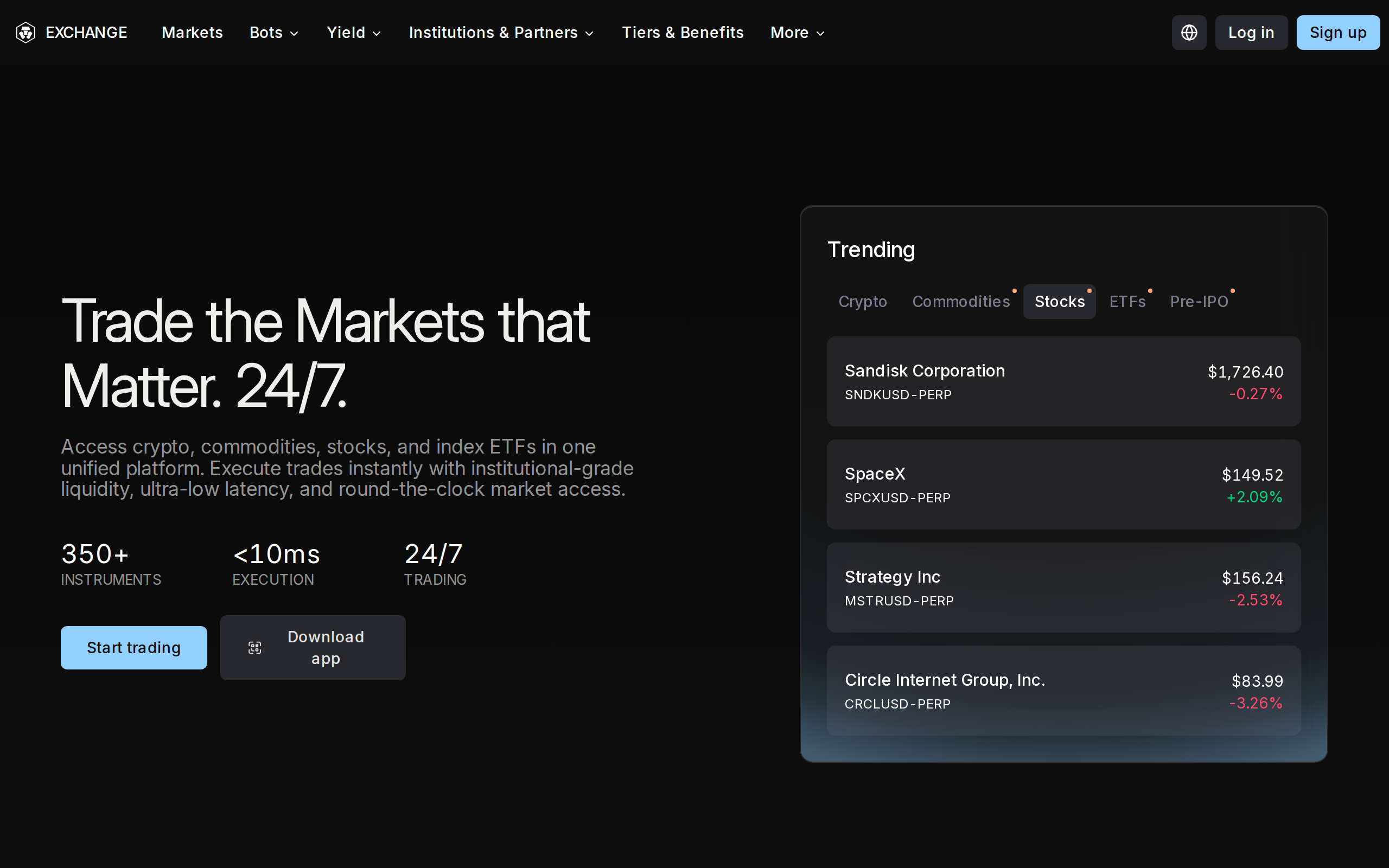 Crypto.com Exchange page headed Trade the Markets that Matter. 24/7. with a trending list showing prices