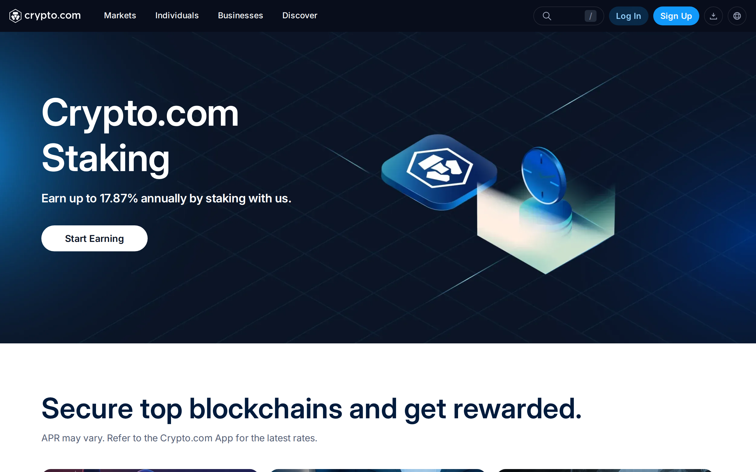 Crypto.com staking page headed Crypto.com Staking, offering up to 17.87% annually