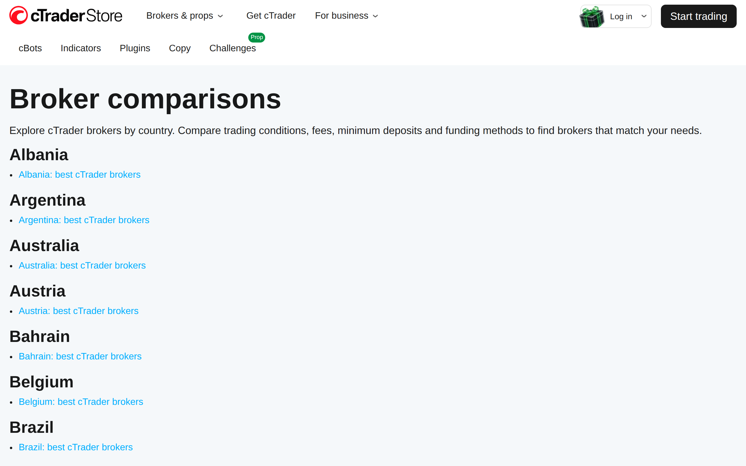 Broker comparisons page in the cTrader Store listing countries from Albania onward with the text Explore cTrader brokers by country