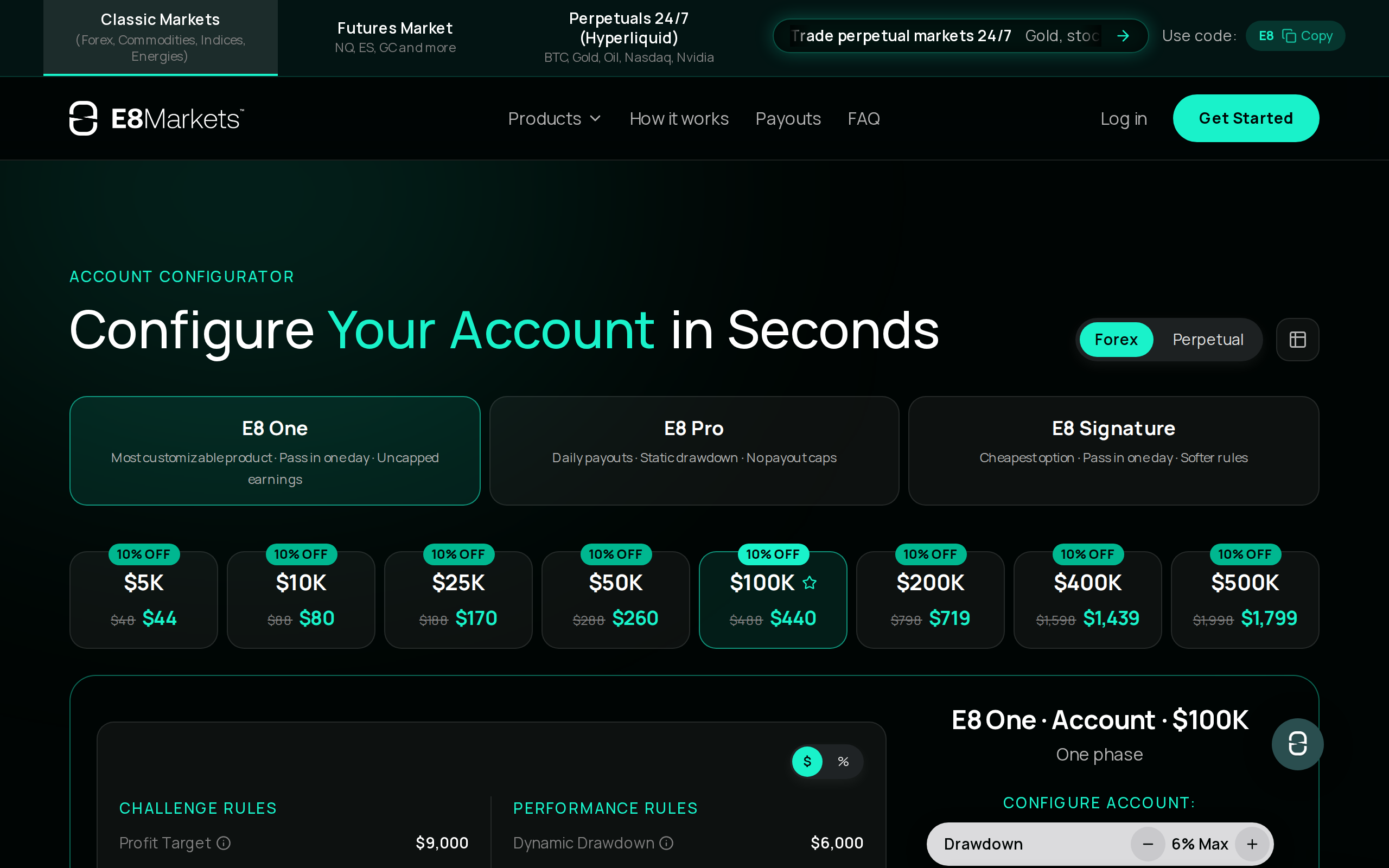 E8's account configurator showing prices from $48 to $1,798 with a 10 percent discount