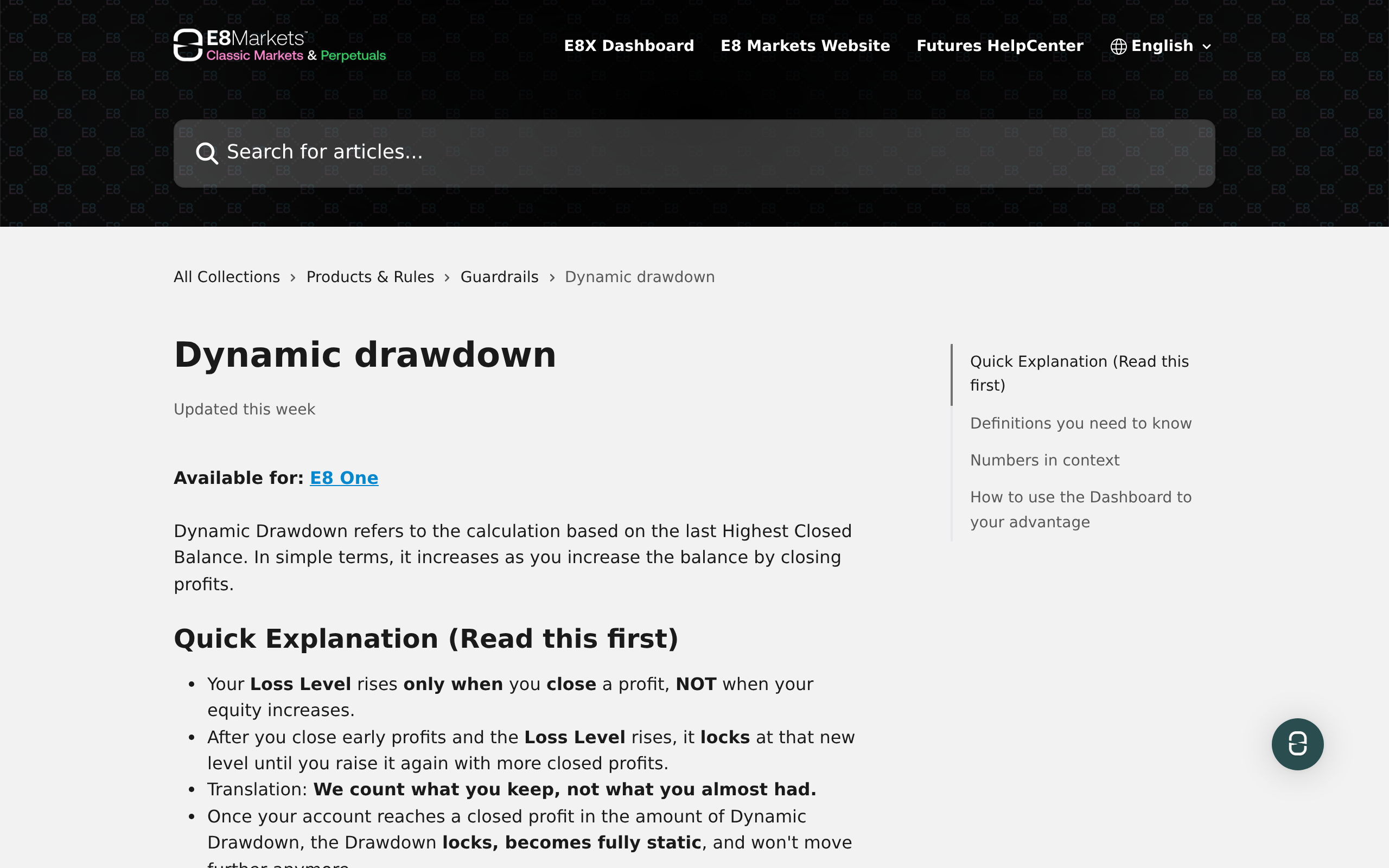 The E8 help centre article on dynamic drawdown with the quick explanation of the loss level