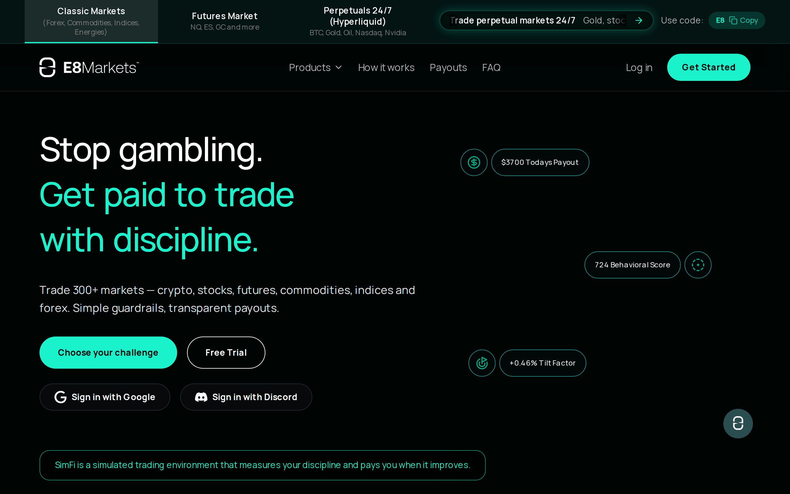 E8 Markets home page with the headline about getting paid to trade with discipline and a live payout counter