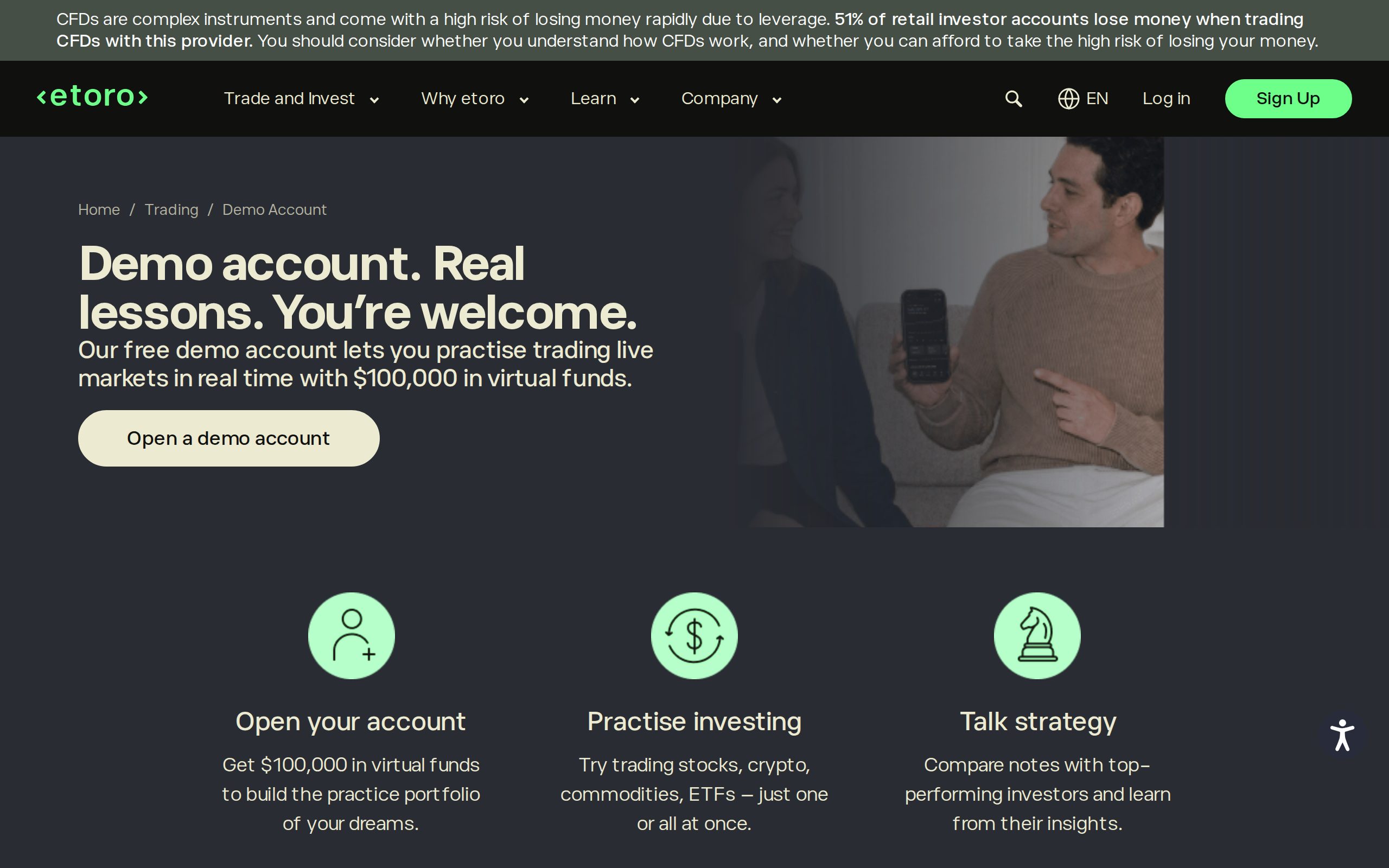 eToro demo account page with the headline Demo account, real lessons