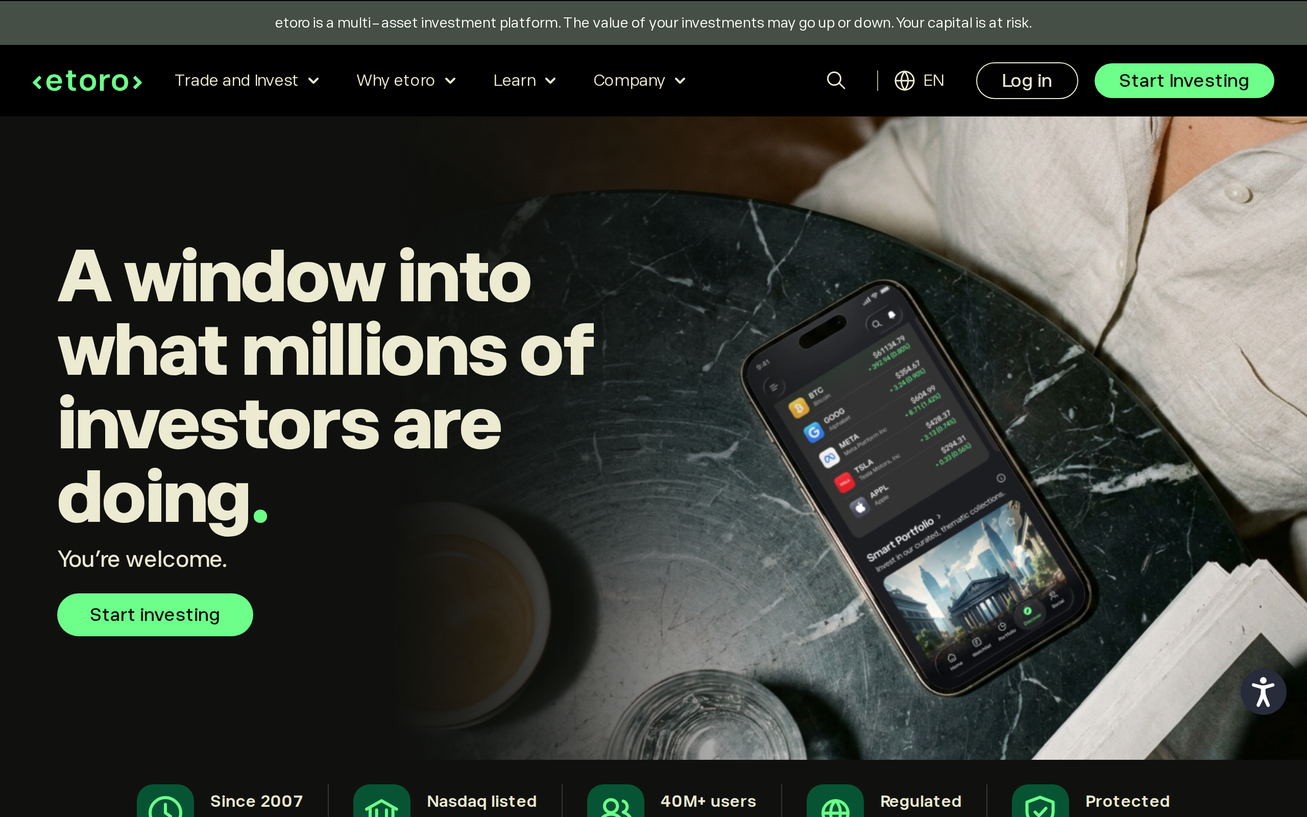 eToro homepage headline A window into what millions of investors are doing