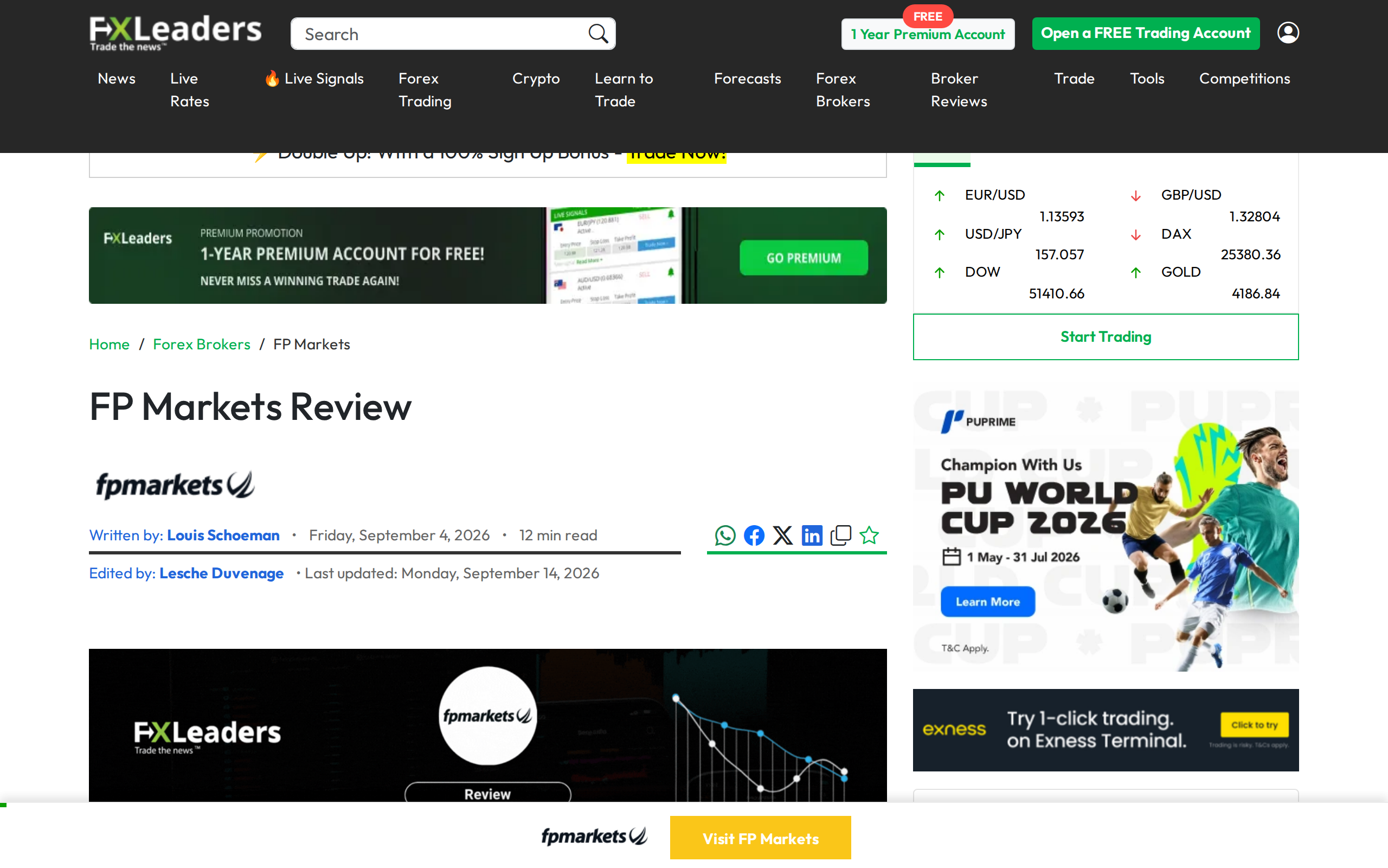FxLeaders FP Markets Review page with the heading FP Markets Review and a banner advertising the broker