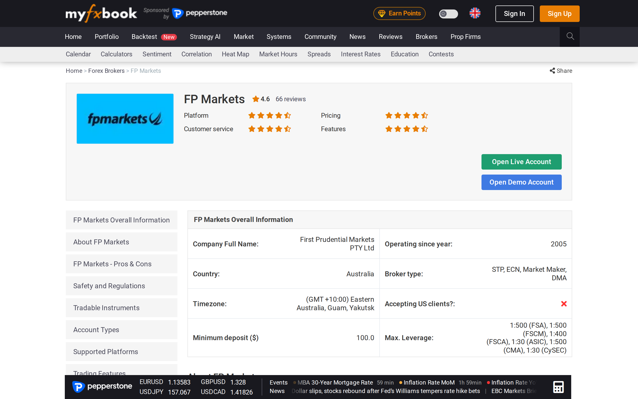 Myfxbook broker listing page for FP Markets with the heading FP Markets Overall Information and an About FP Markets section