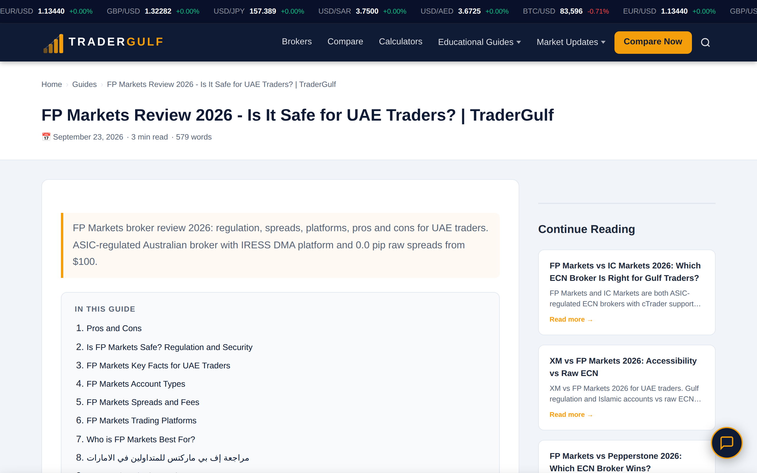 TraderGulf FP Markets Review 2026 page headed Is It Safe for UAE Traders with a Key Facts section