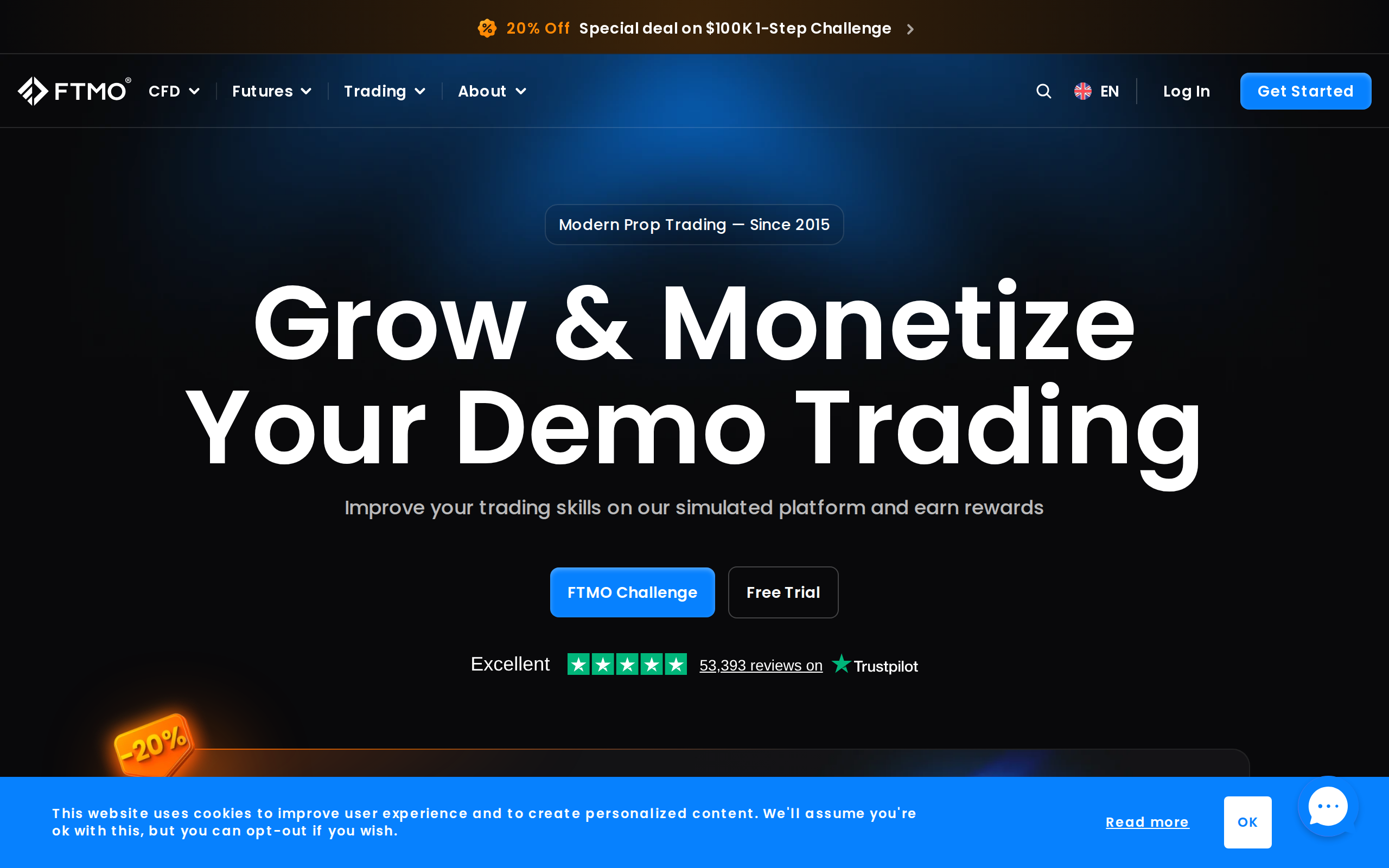 FTMO homepage headline Grow and Monetize Your Demo Trading with a 1-Step Challenge special offer