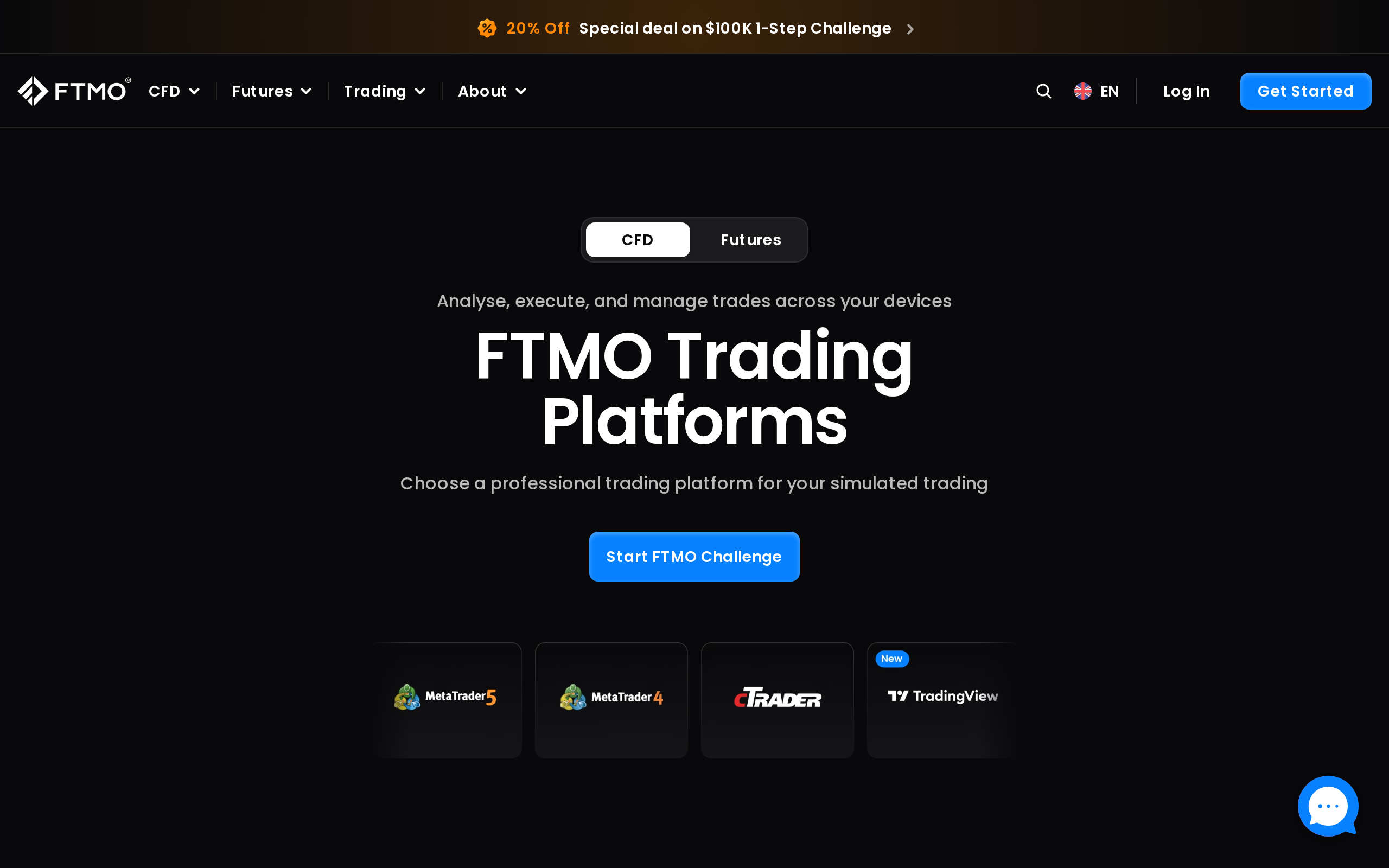 FTMO trading platforms page listing MetaTrader 5, MetaTrader 4, cTrader and TradingView
