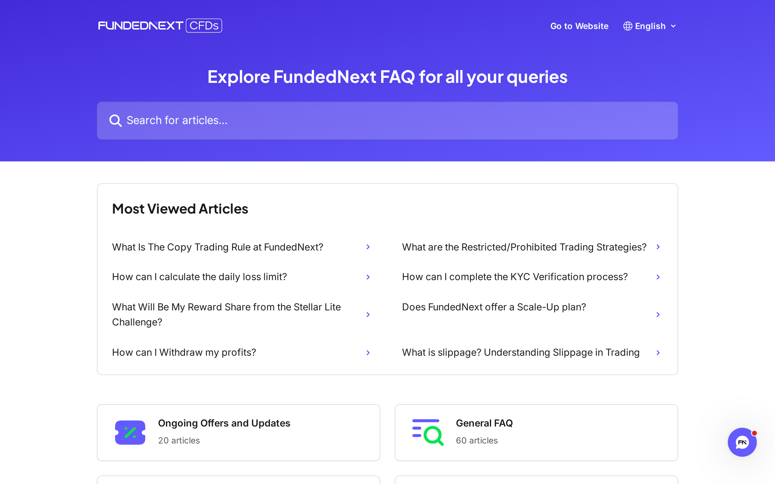 FundedNext's help centre home page headed 'Explore FundedNext FAQ for all your queries'