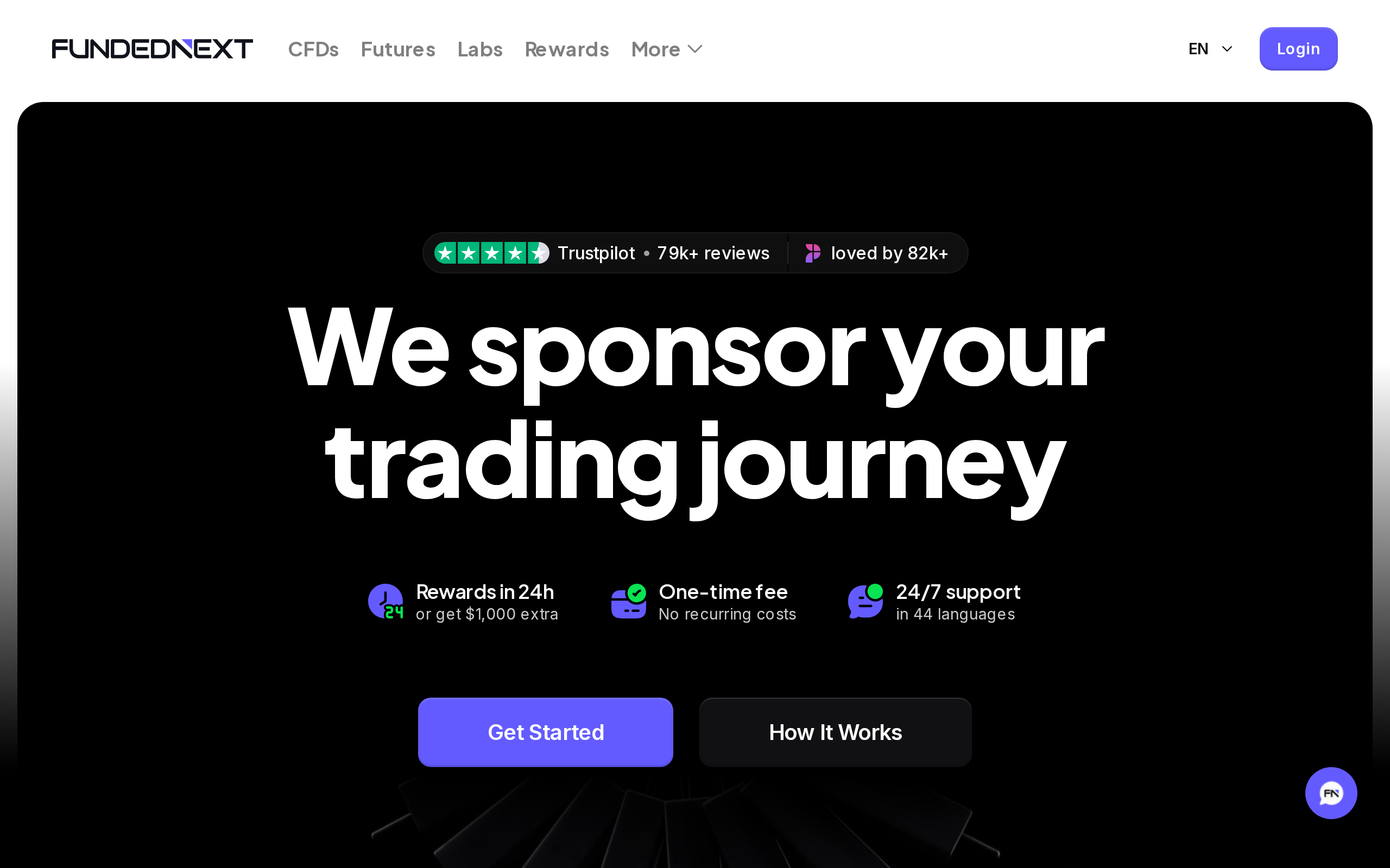 FundedNext homepage headline 'We sponsor your trading journey' with a product image and a $1,000 figure