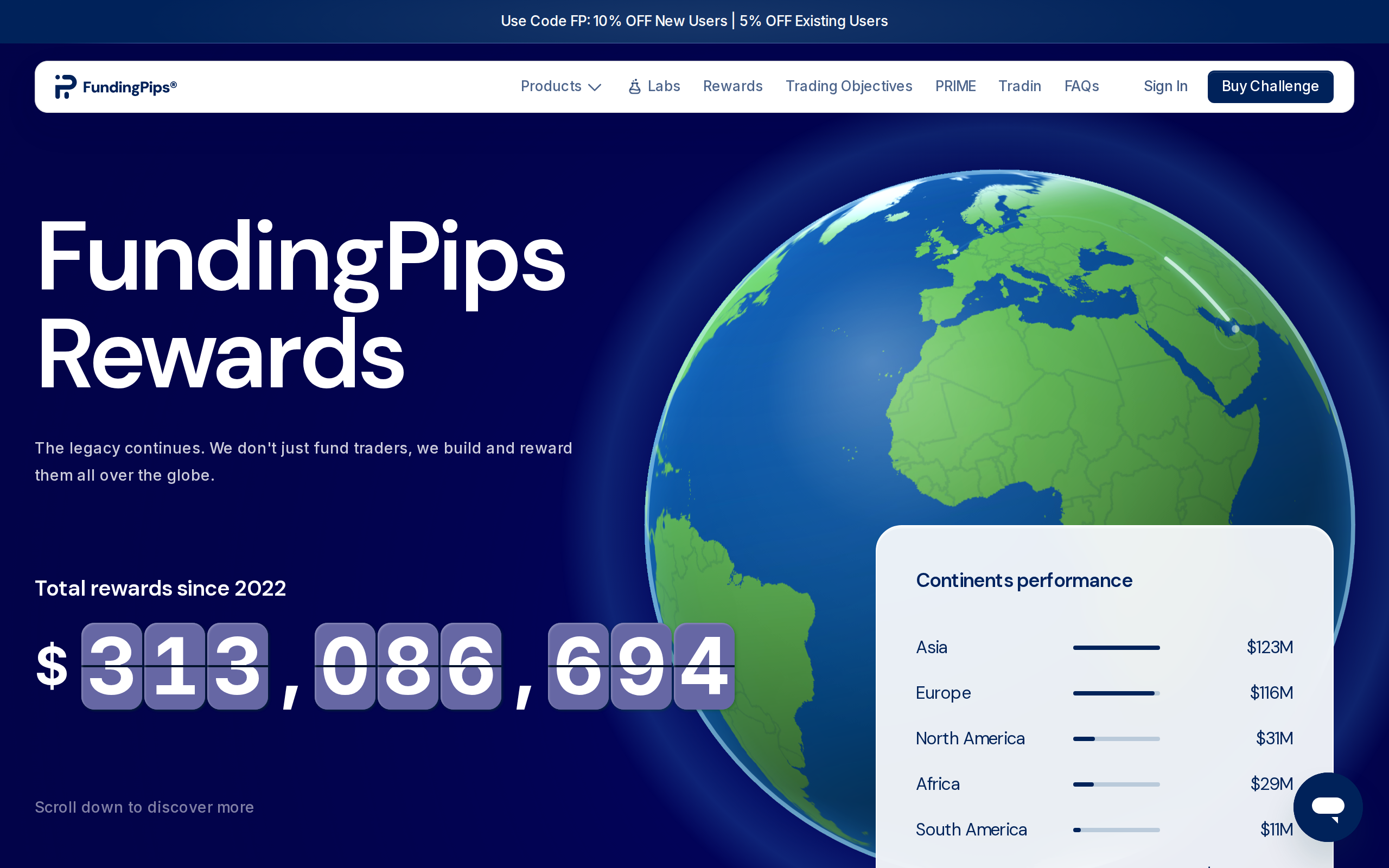 FundingPips Rewards page with the headline FundingPips Rewards and animated payout figures