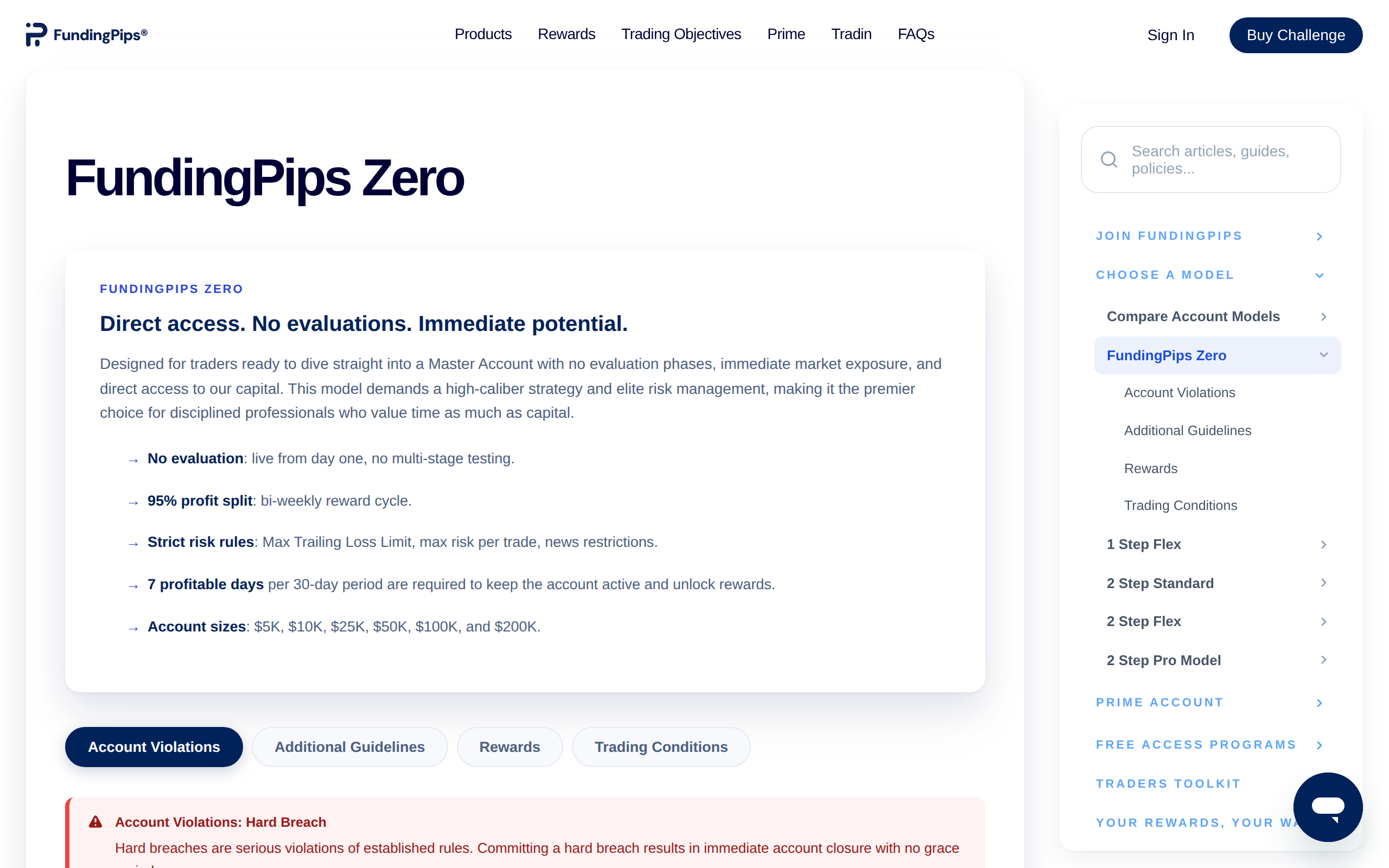 FundingPips Zero help page describing no evaluation, live from day one, and a 95% profit split