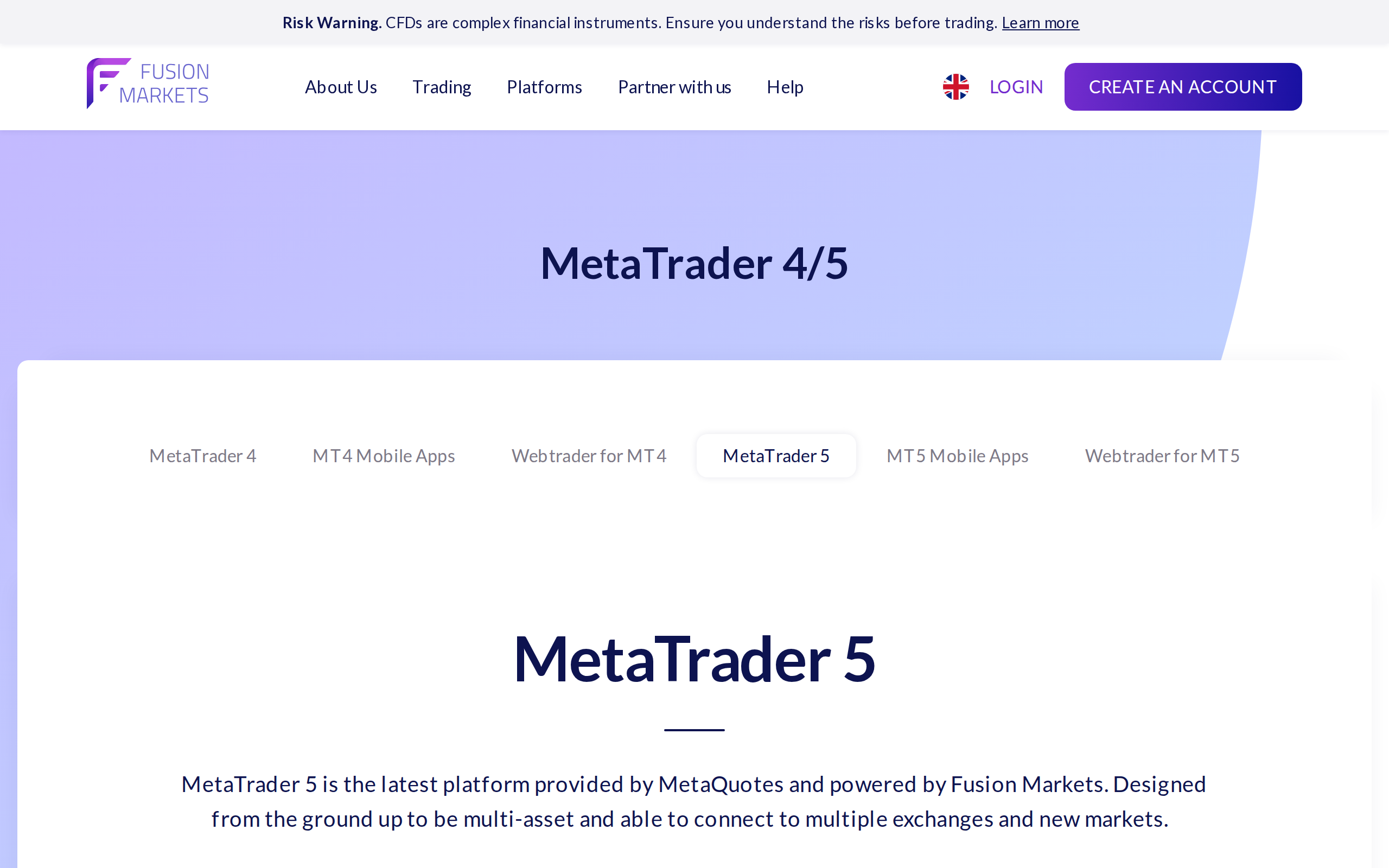 Fusion Markets page for MetaTrader 4 and 5, describing MT5 as a multi-asset platform