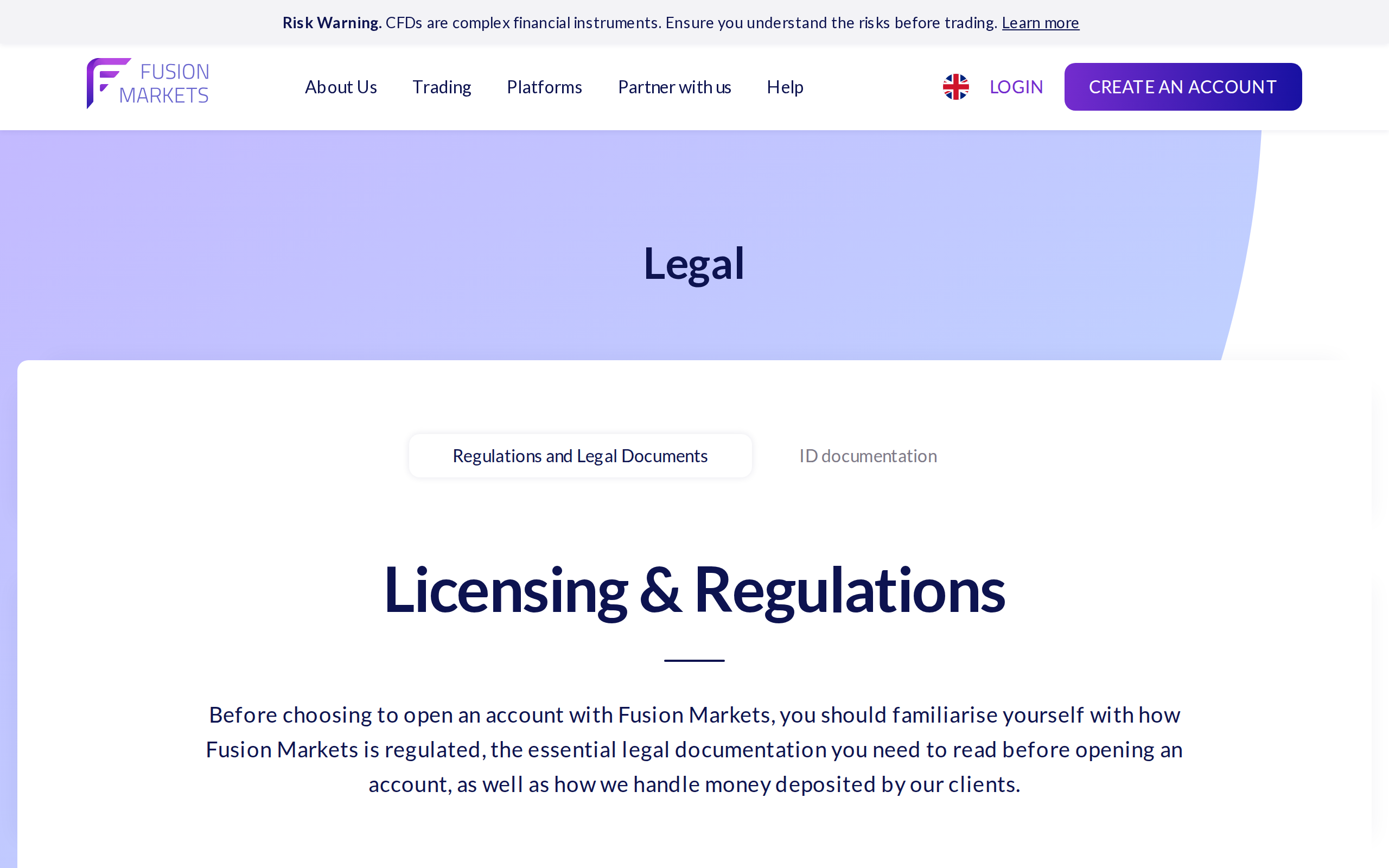 Fusion Markets licensing and regulations page under the heading Legal