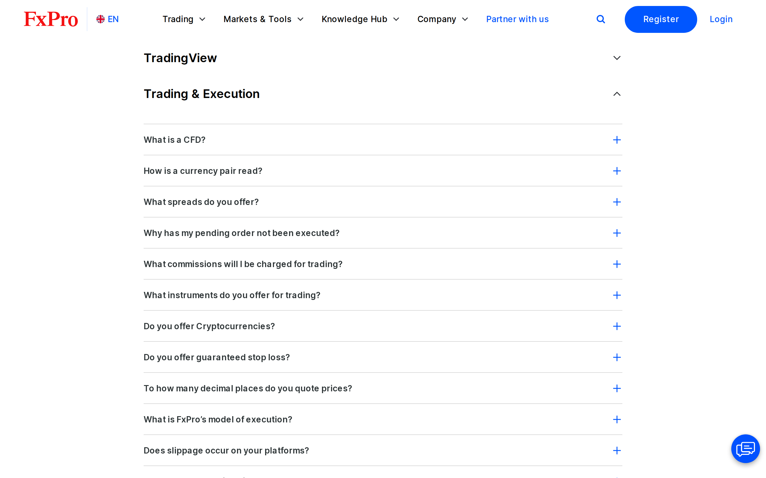 FxPro help page on trading and execution, with headings covering FxPro Edge, TradingView and CFDs