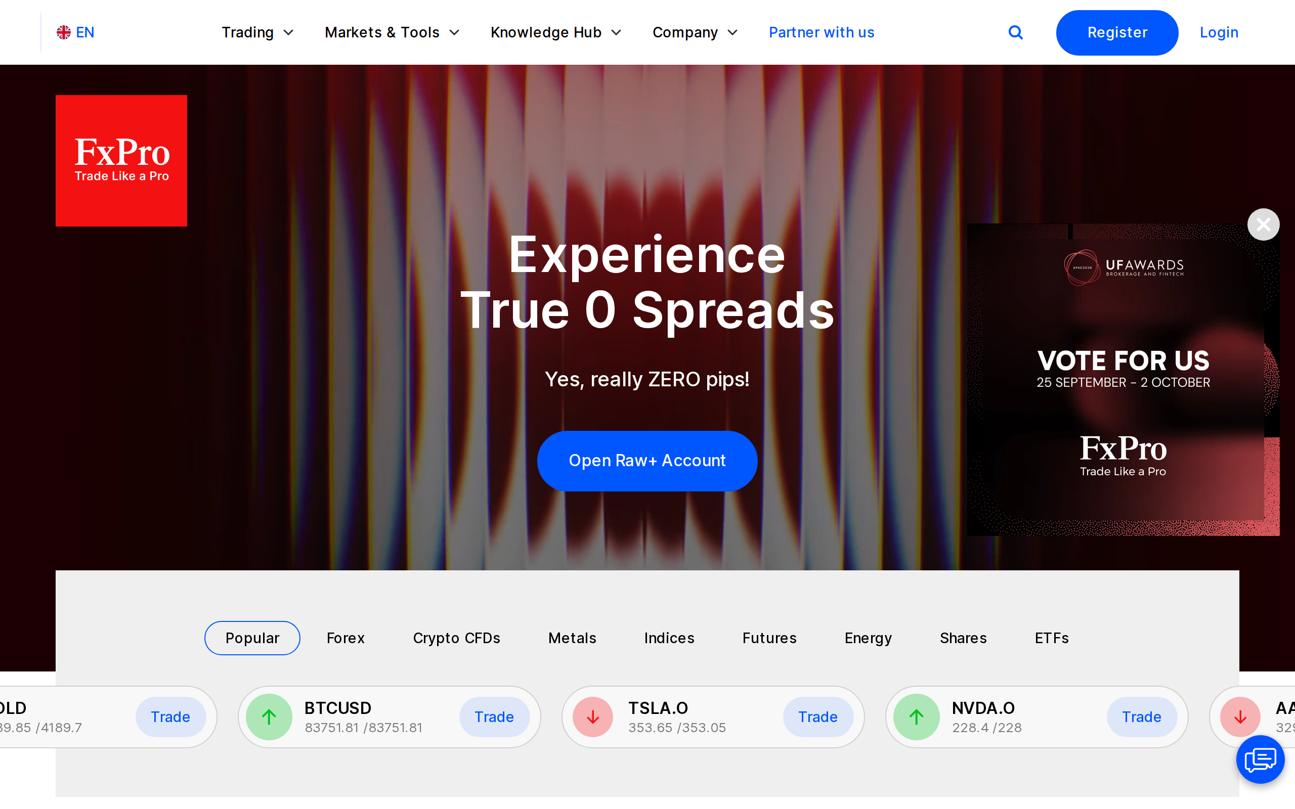 FxPro homepage with the headline Experience True 0 Spreads and a promotional banner image