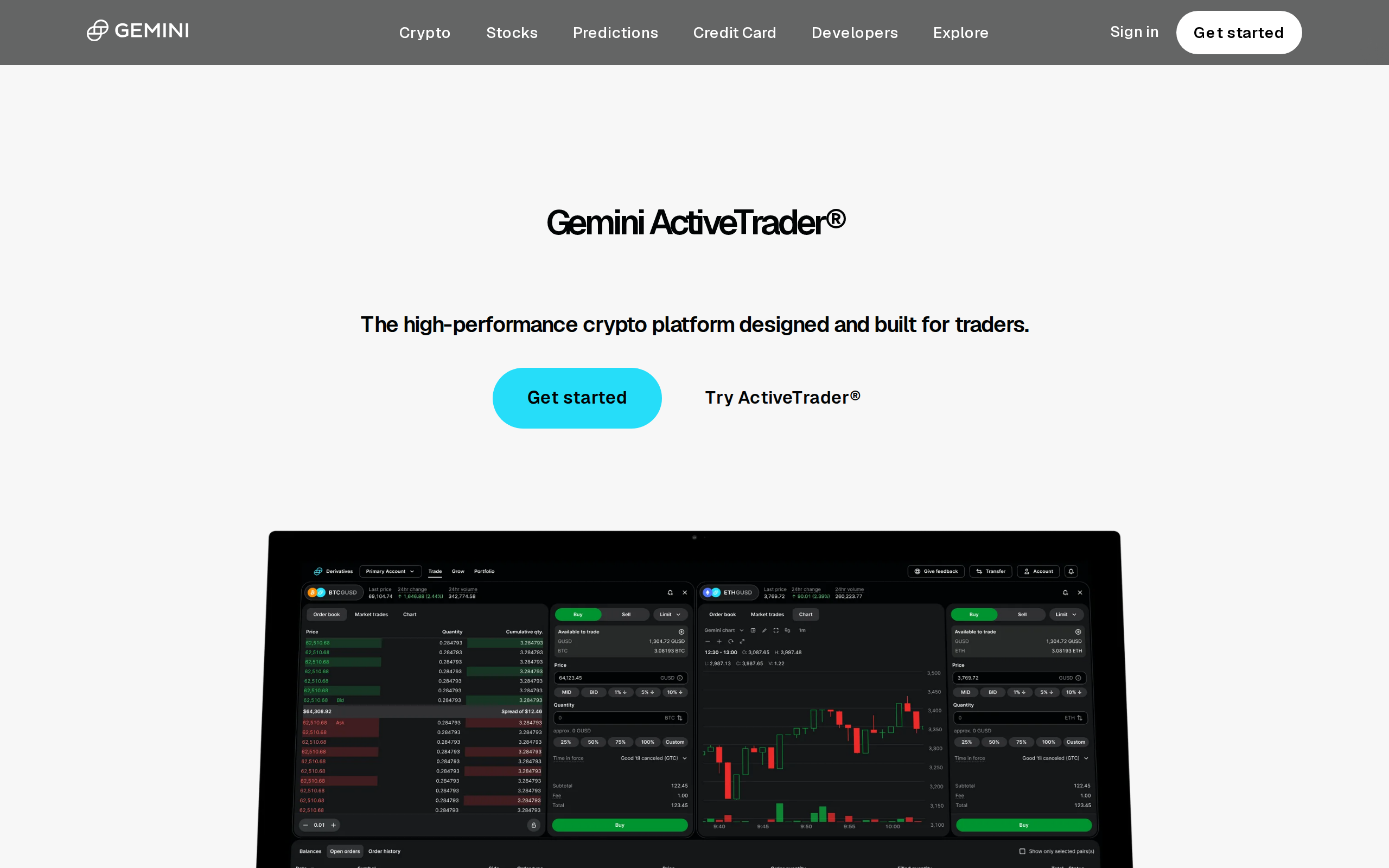 Gemini ActiveTrader page headed The high-performance crypto platform designed and built for traders