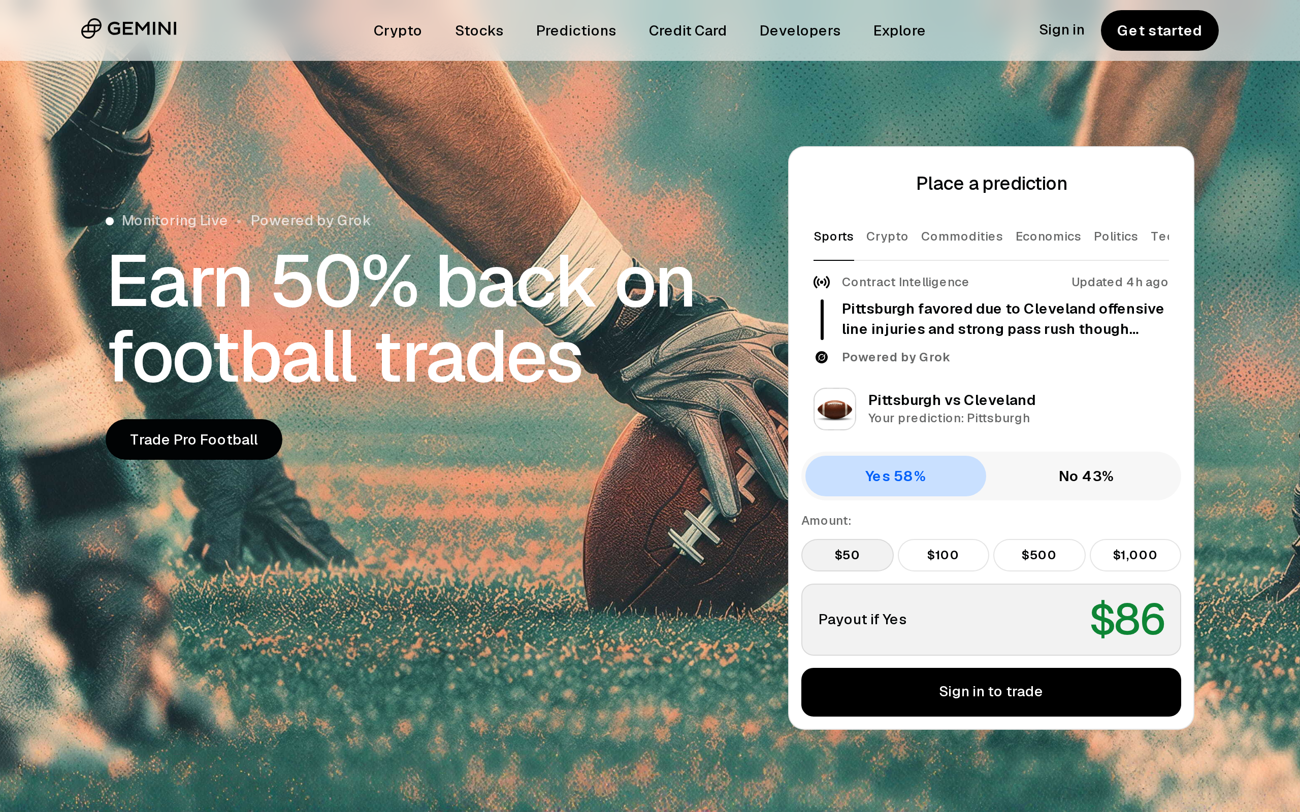 Gemini homepage promoting prediction market football trades with a prediction card and price tags