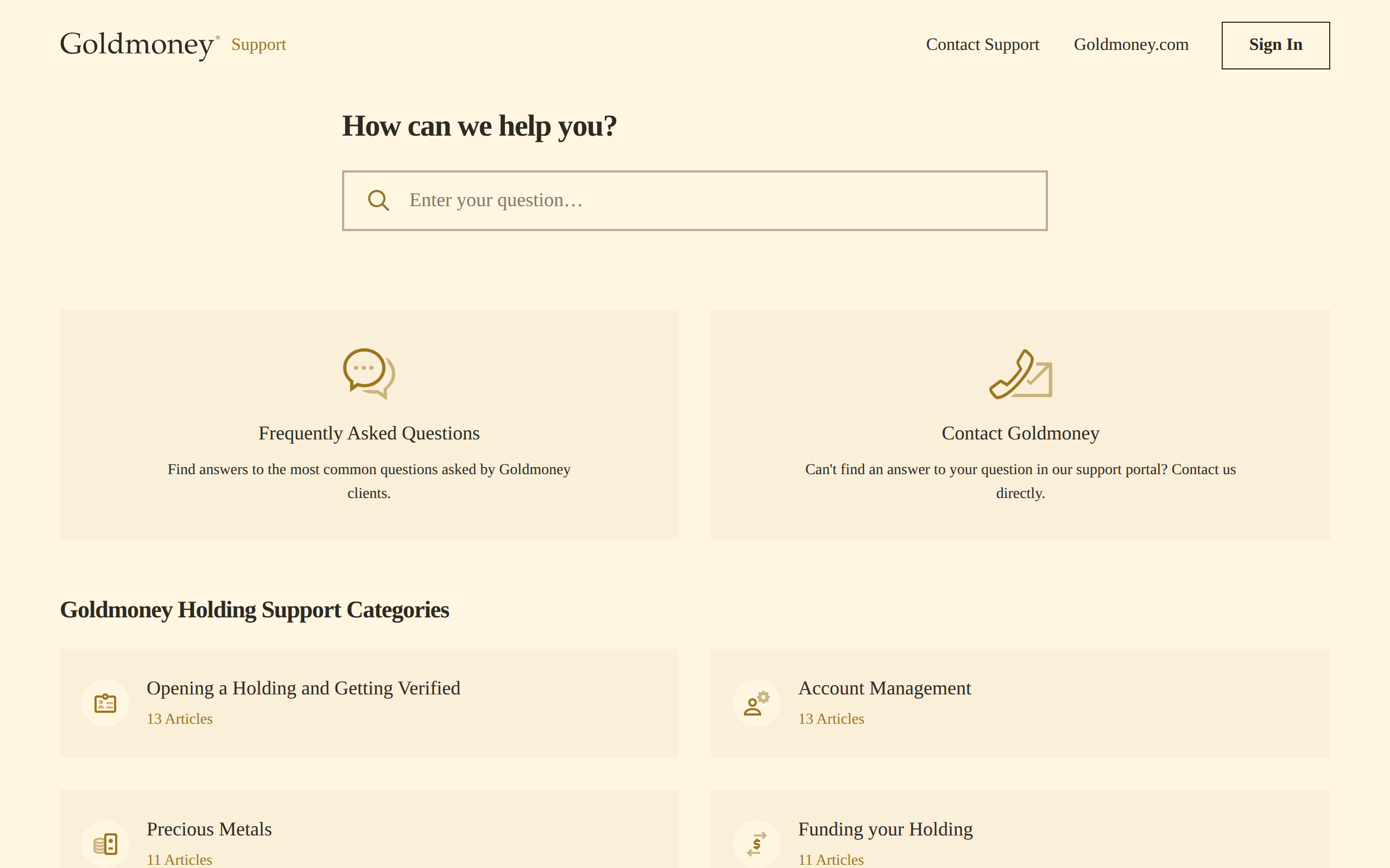 Goldmoney support centre page headed How can we help you with categories for Frequently Asked Questions and Contact Goldmoney