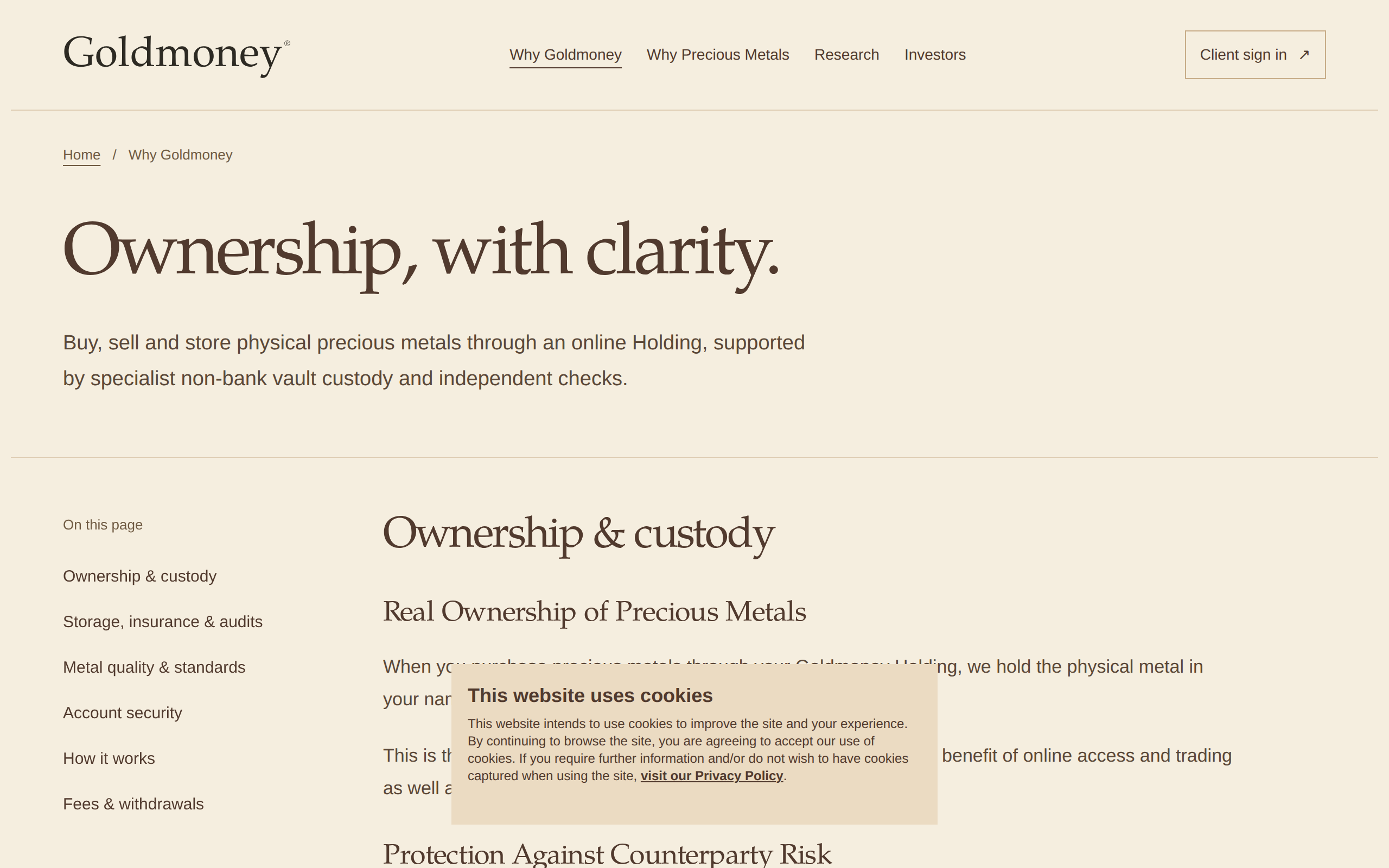 Goldmoney Why Goldmoney page headed Ownership, with clarity and describing ownership and custody of precious metals