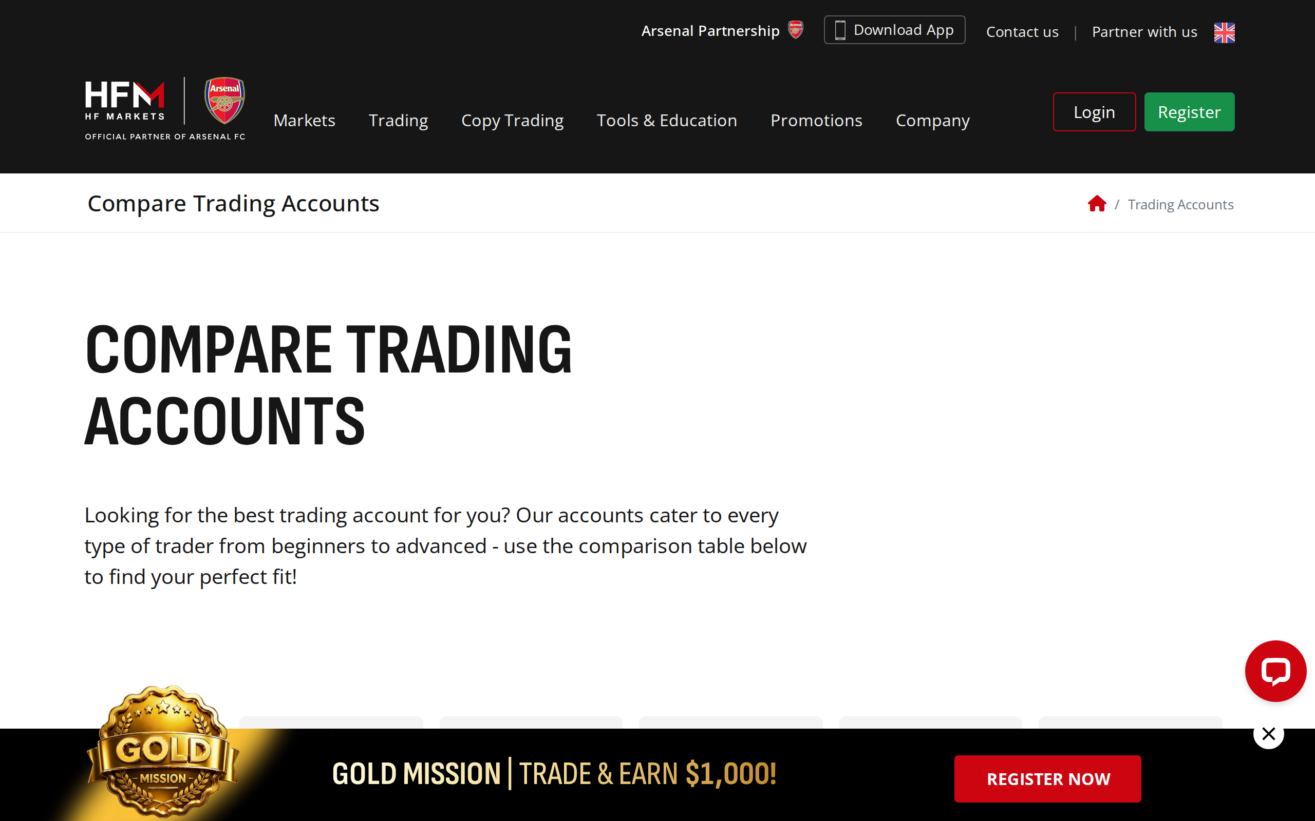 HFM trading accounts comparison page, headed 'Compare Trading Accounts', with a dark header and a promotional banner at the bottom