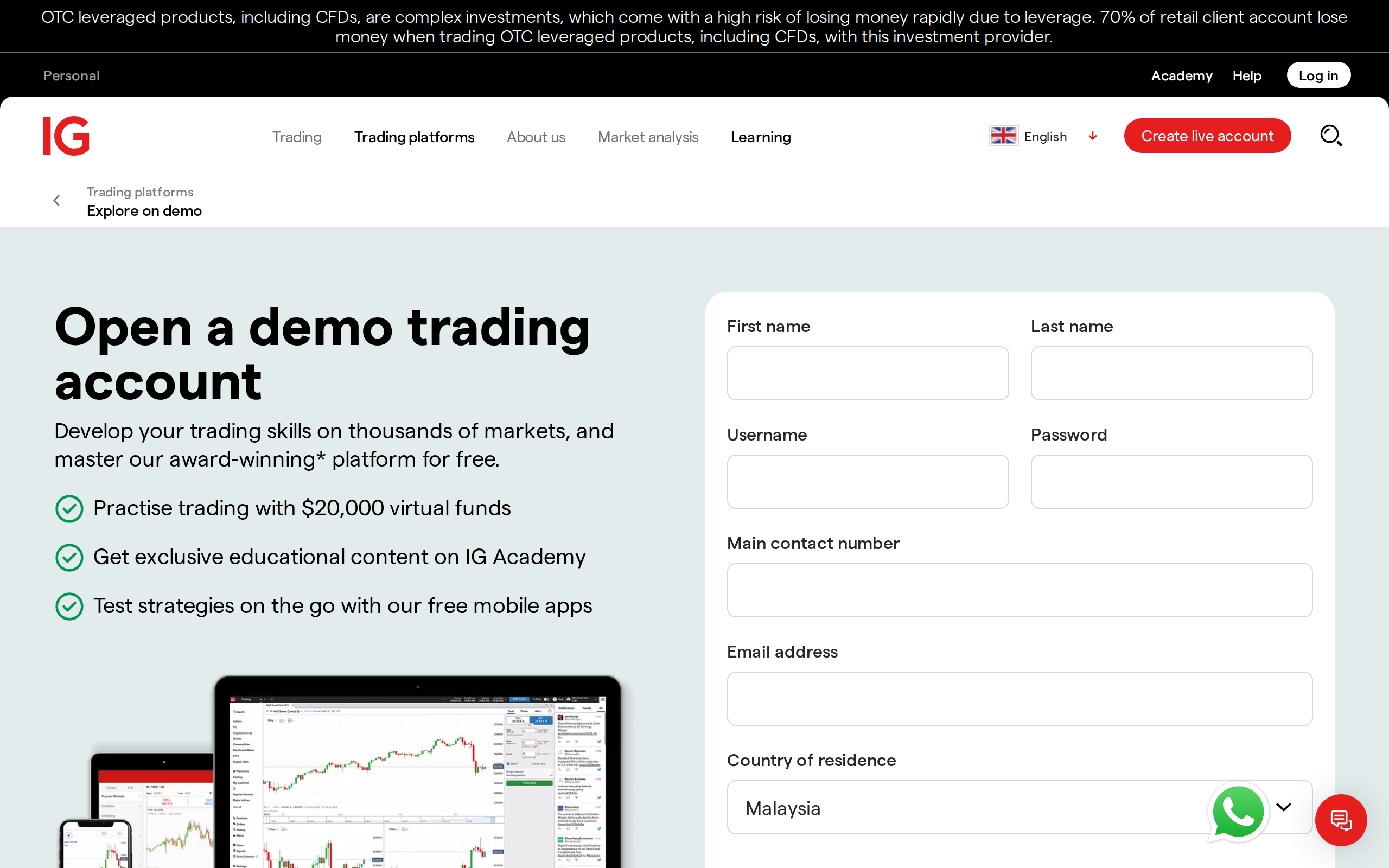 IG open a demo trading account page
