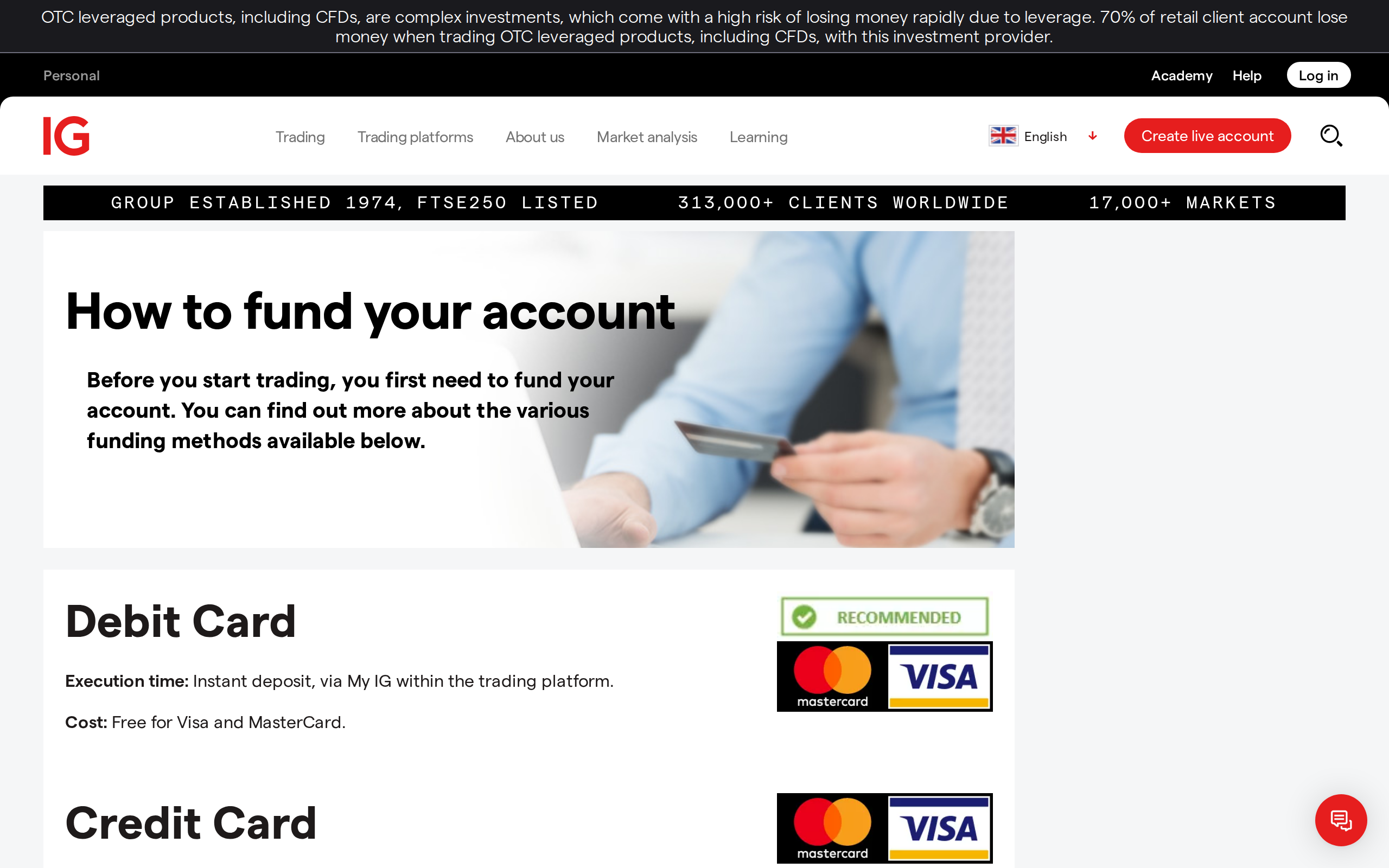 IG how to fund your account page with debit card and credit card sections