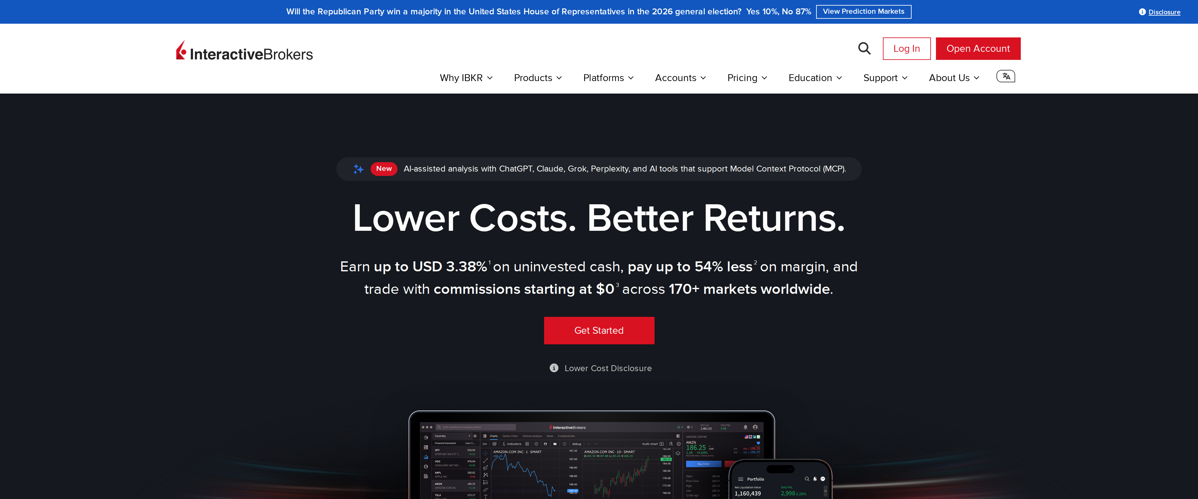 Interactive Brokers homepage headline Lower Costs, Better Returns beside an image of its trading platforms