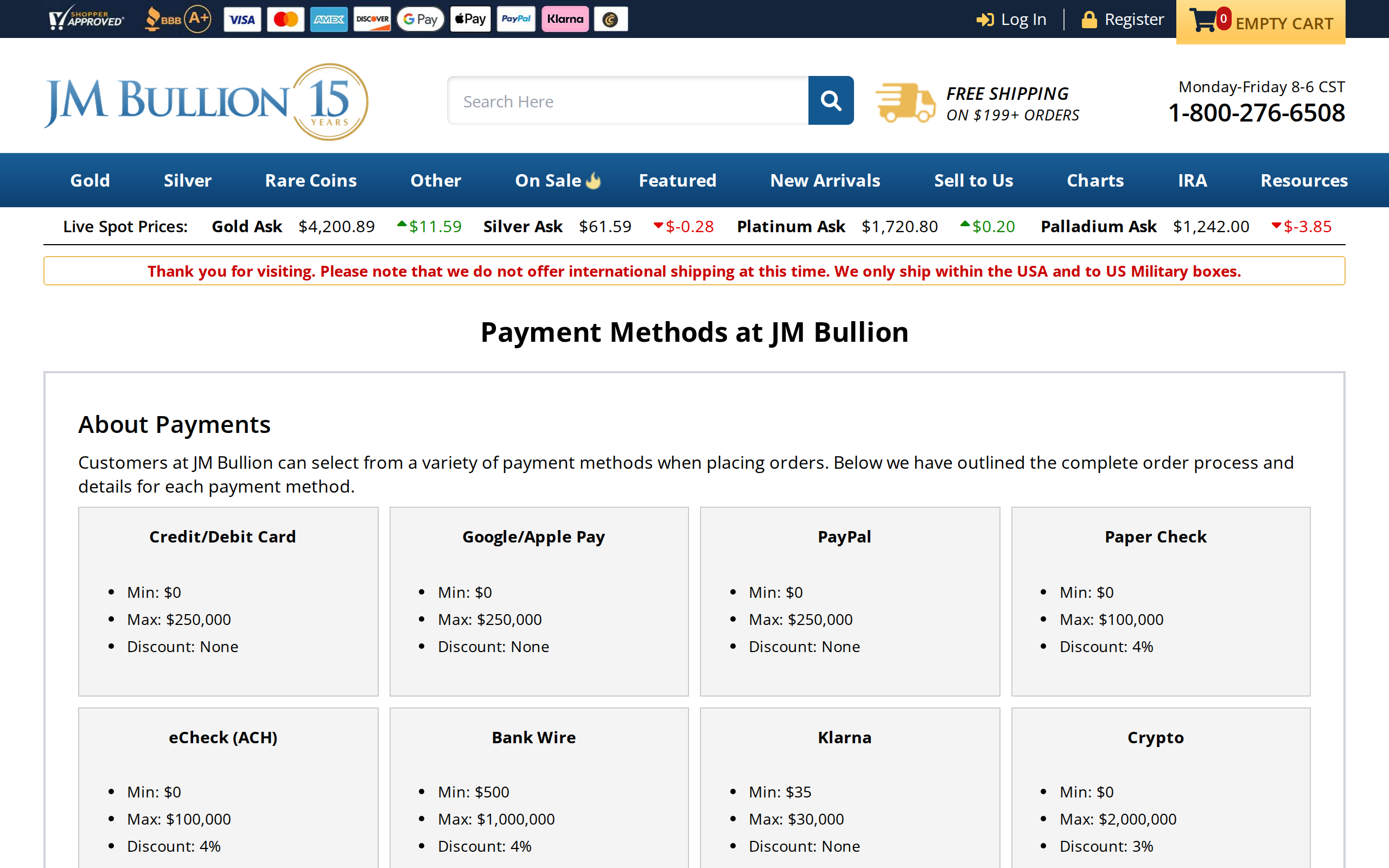 JM Bullion payment methods page headed Payment Methods at JM Bullion with an About Payments section