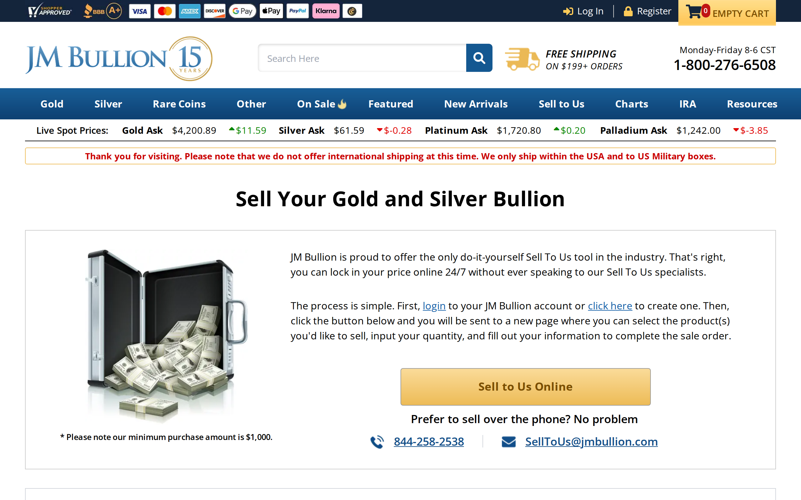 JM Bullion Sell to Us page with an icon and a banner about free shipping