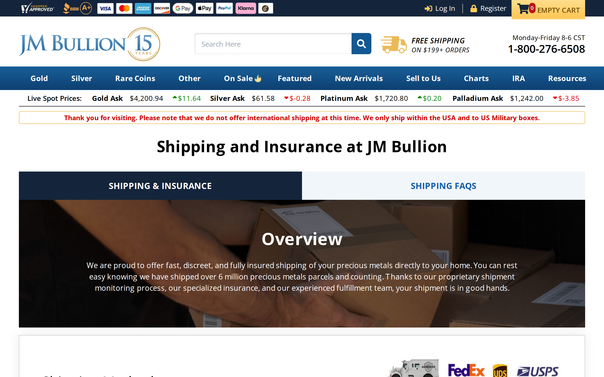 JM Bullion shipping and insurance page with an overview and a section on shipping methods