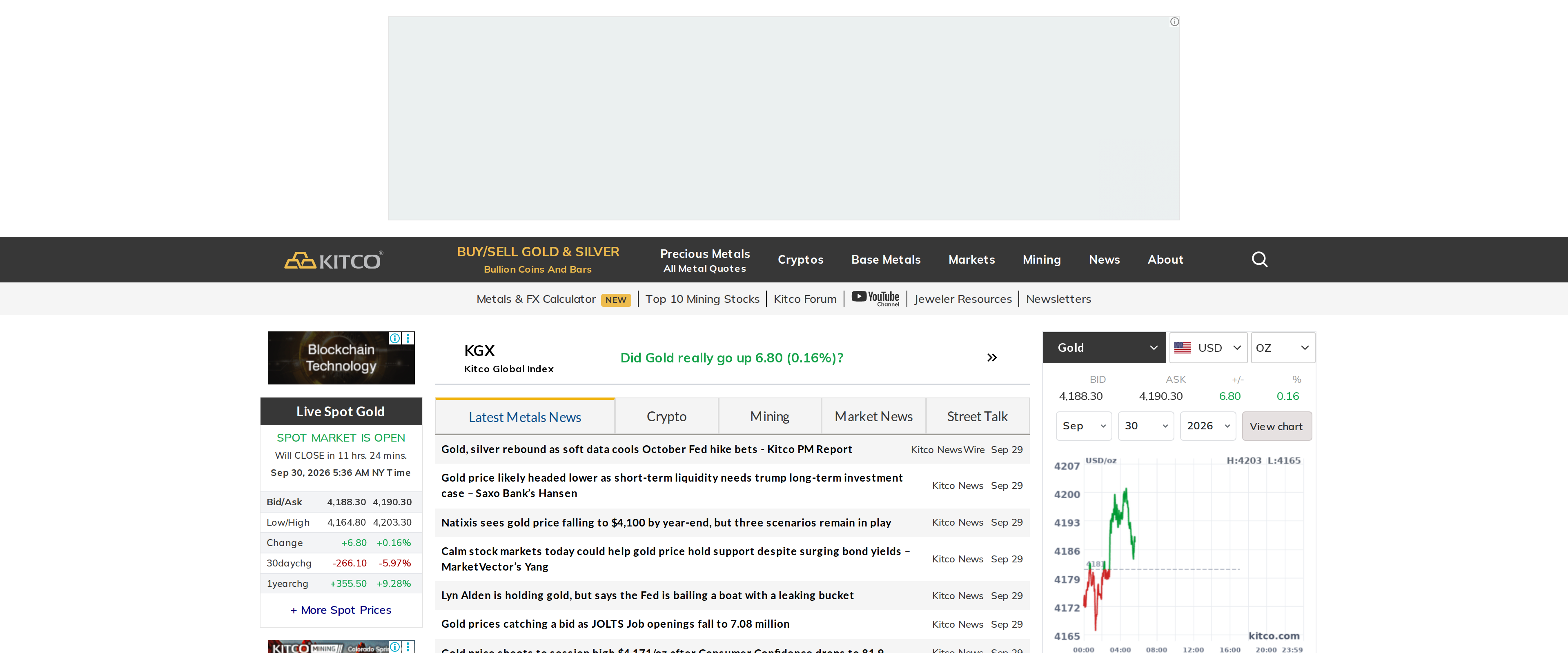 Kitco homepage with live spot gold, latest metals news, crypto and mining sections and a Buy/Sell Gold and Silver link